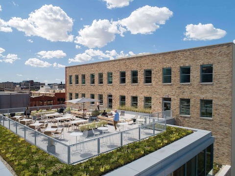 An angle view of the Terrace on the fourth floor of the Fulton Market Showroom in Chicago on a sunny afternoon.