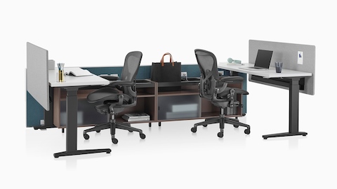 Two dark green Canvas Channel workstations with lower storage, Motia Sit-to-Stand Tables, and black Aeron office chairs.