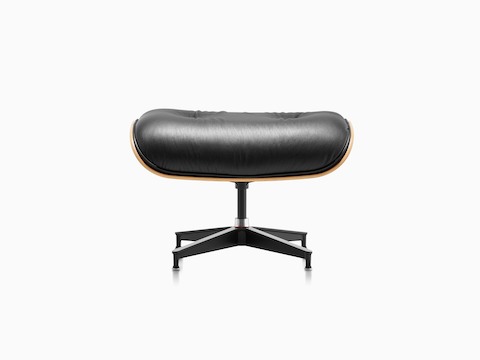 Black leather Eames Ottoman, viewed from the front. 