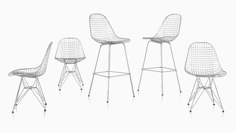 Two Eames Wire Stools and three Eames Wire Chairs with wire bases.