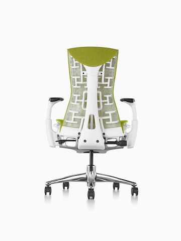 Green Embody office chair, viewed from the back.