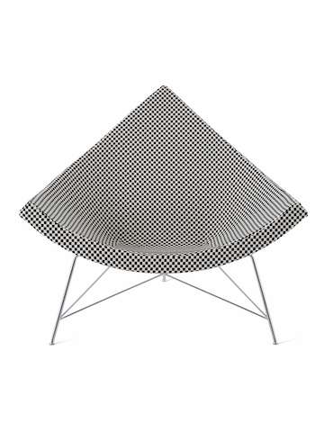 A Nelson Coconut Lounge Chair in a black and white Maharam checkerboard fabric viewed from straight on.
