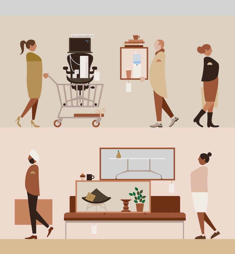 An illustration showing two images of people figuratively shopping for office furniture.