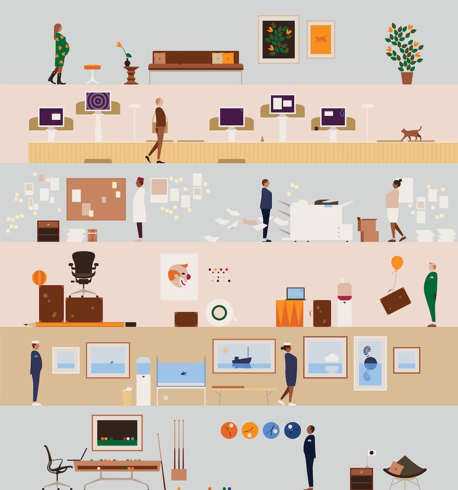 An illustration showing six images of people in abstract work settings.
