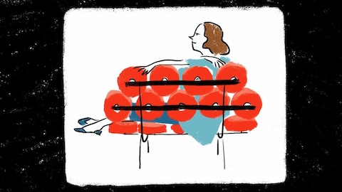 An illustration of a woman on a Nelson Marshmallow Sofa. Select to go to an interview of George Nelson's aide Hilda Longinotti.
