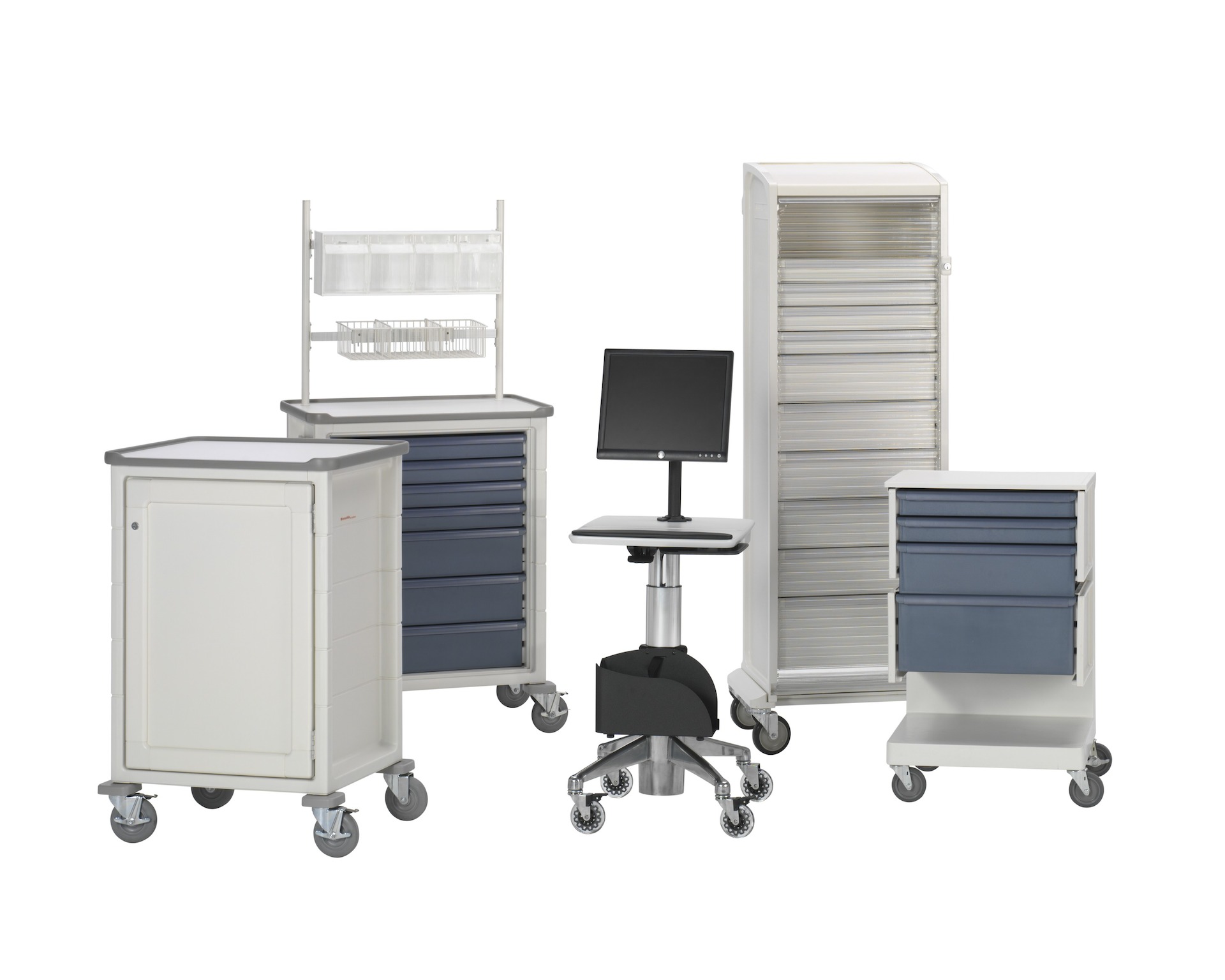 A variety of Procedure Supply and Technology Carts against a white background.