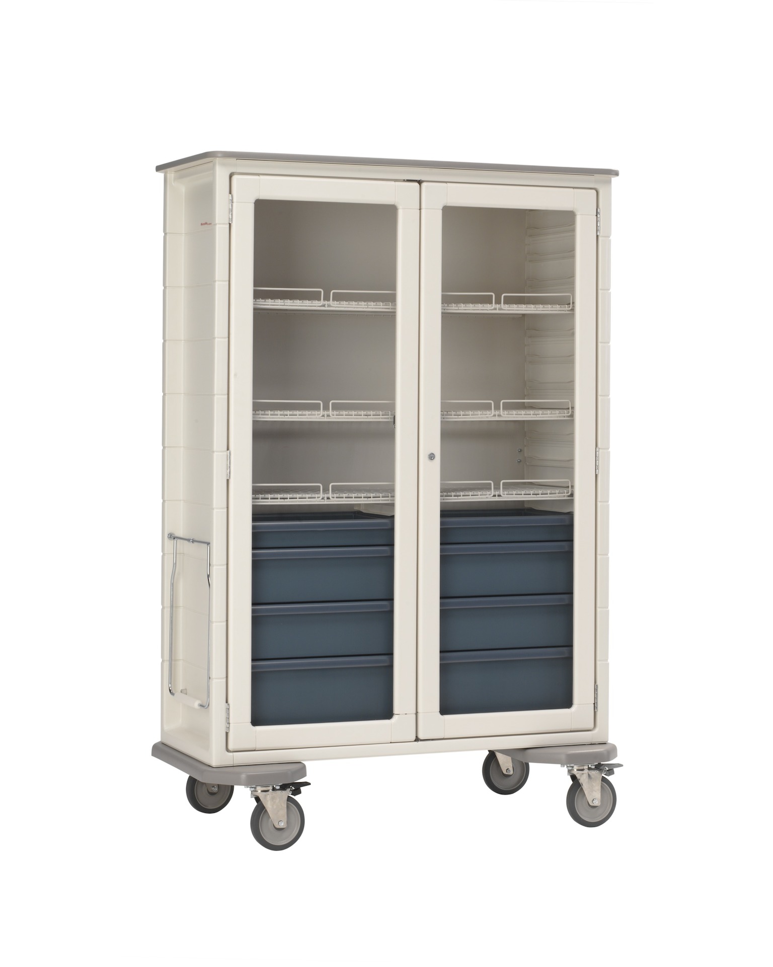 A tall Procedure Supply Cart cabinet with closed doors. Inside storage is visible through clear doors. Front view.