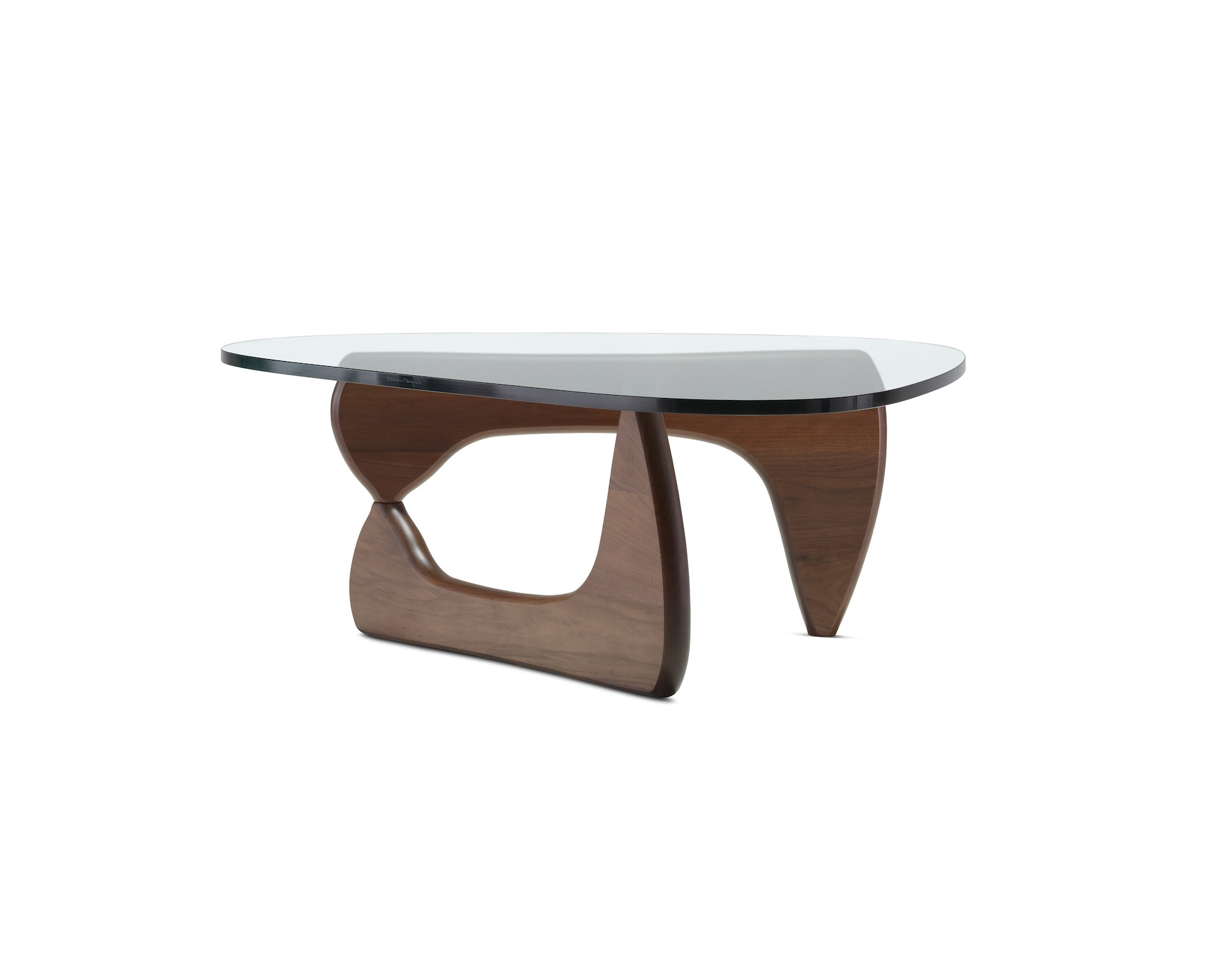 A Noguchi Table with a wood base and glass top.