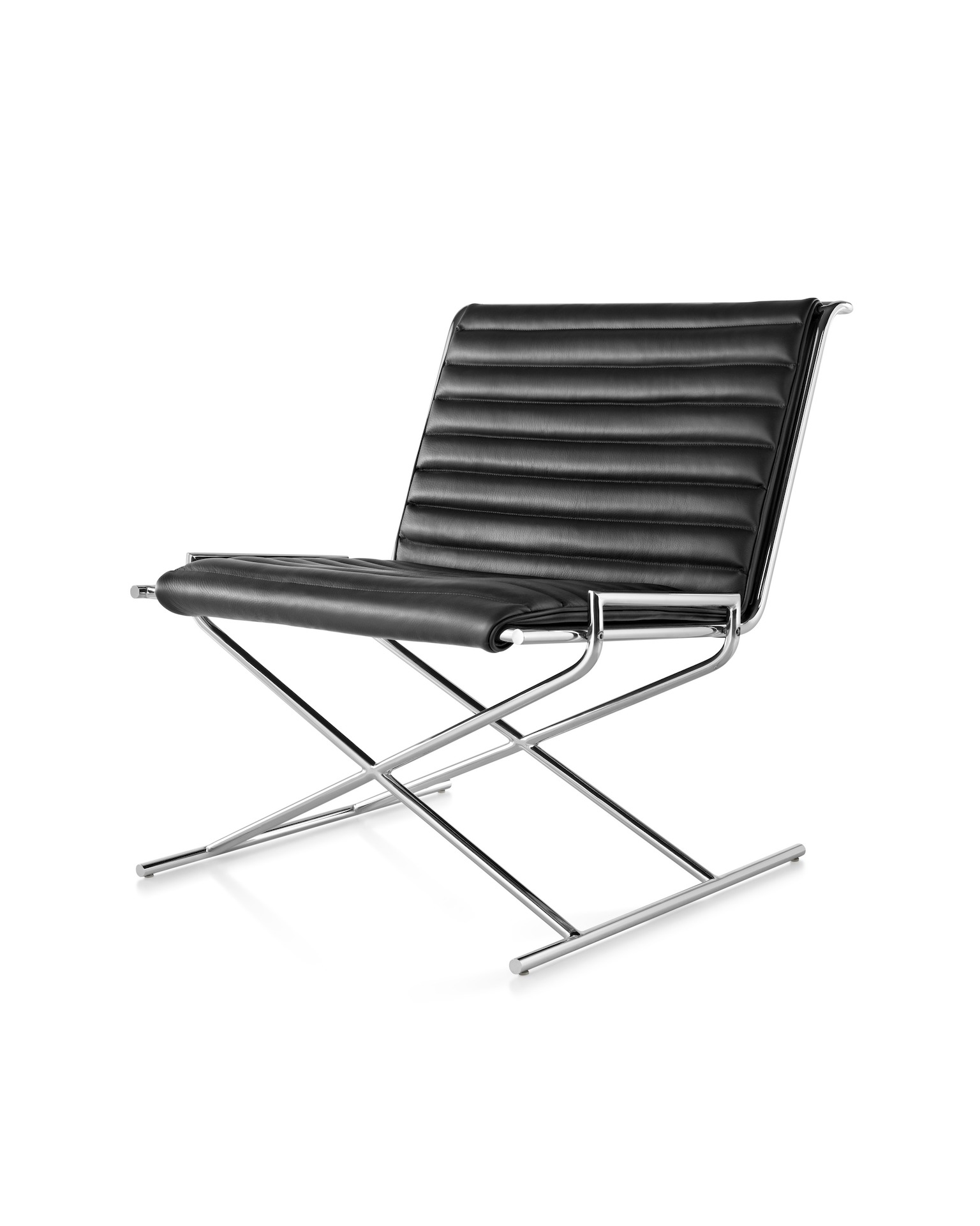 Angled view of a Sled lounge chair with black leather upholstery and an X-shaped steel frame. Select to go to the Sled Chair product page.