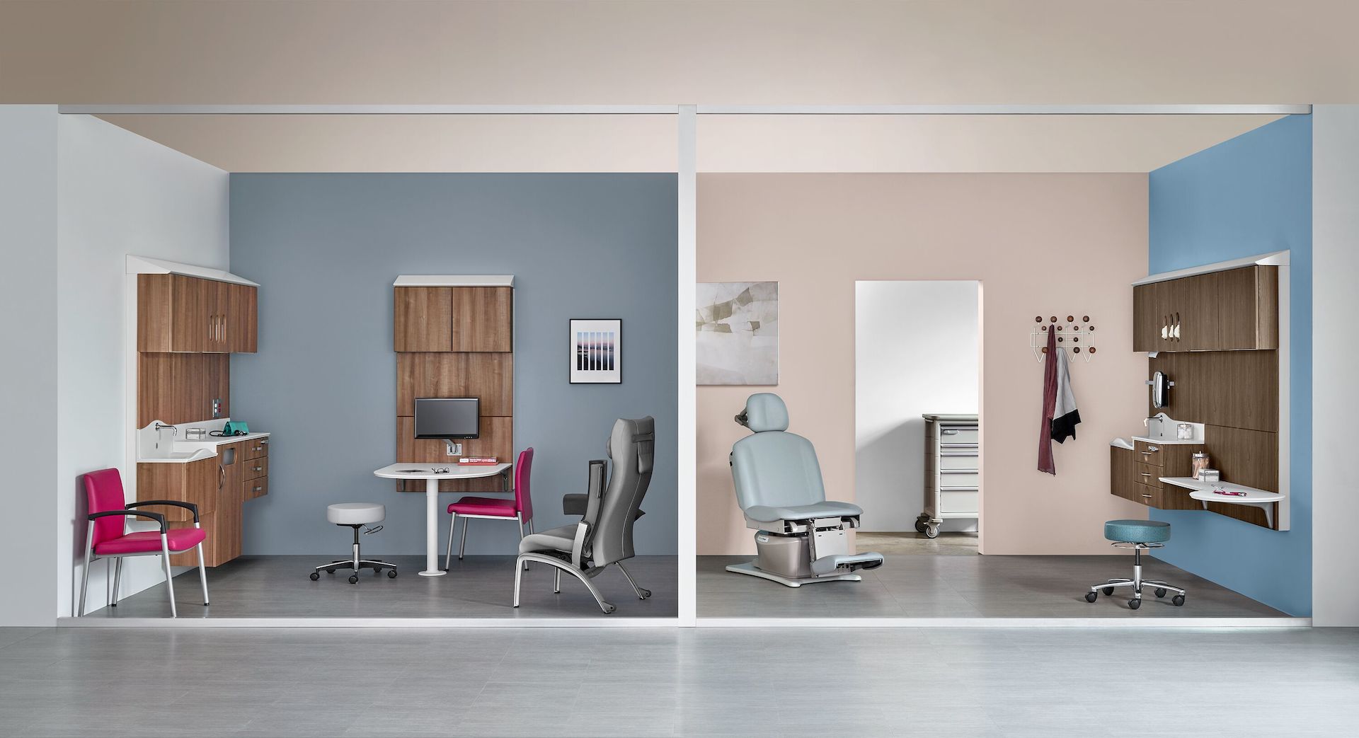 A view of two side-by-side exam rooms, both featuring Compass System. One room features a Nala Patient Chair and the other a Valor Stack Chair.