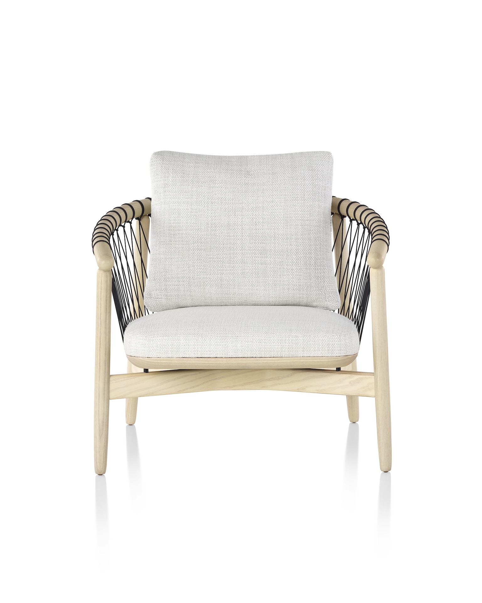 A Crosshatch Lounge Chair in Capri Snow with Ash frame and black parachute cord.