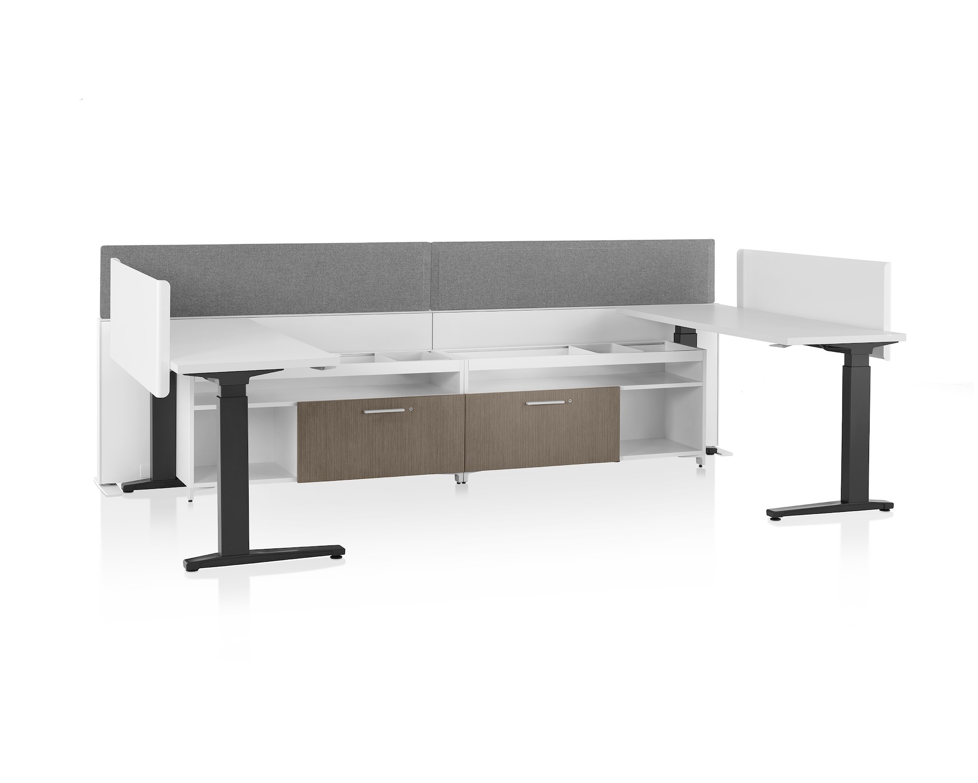 White Canvas Channel with lower storage, gray screens, and Motia Sit-to-Stand Tables with white surfaces, screens, and black legs 