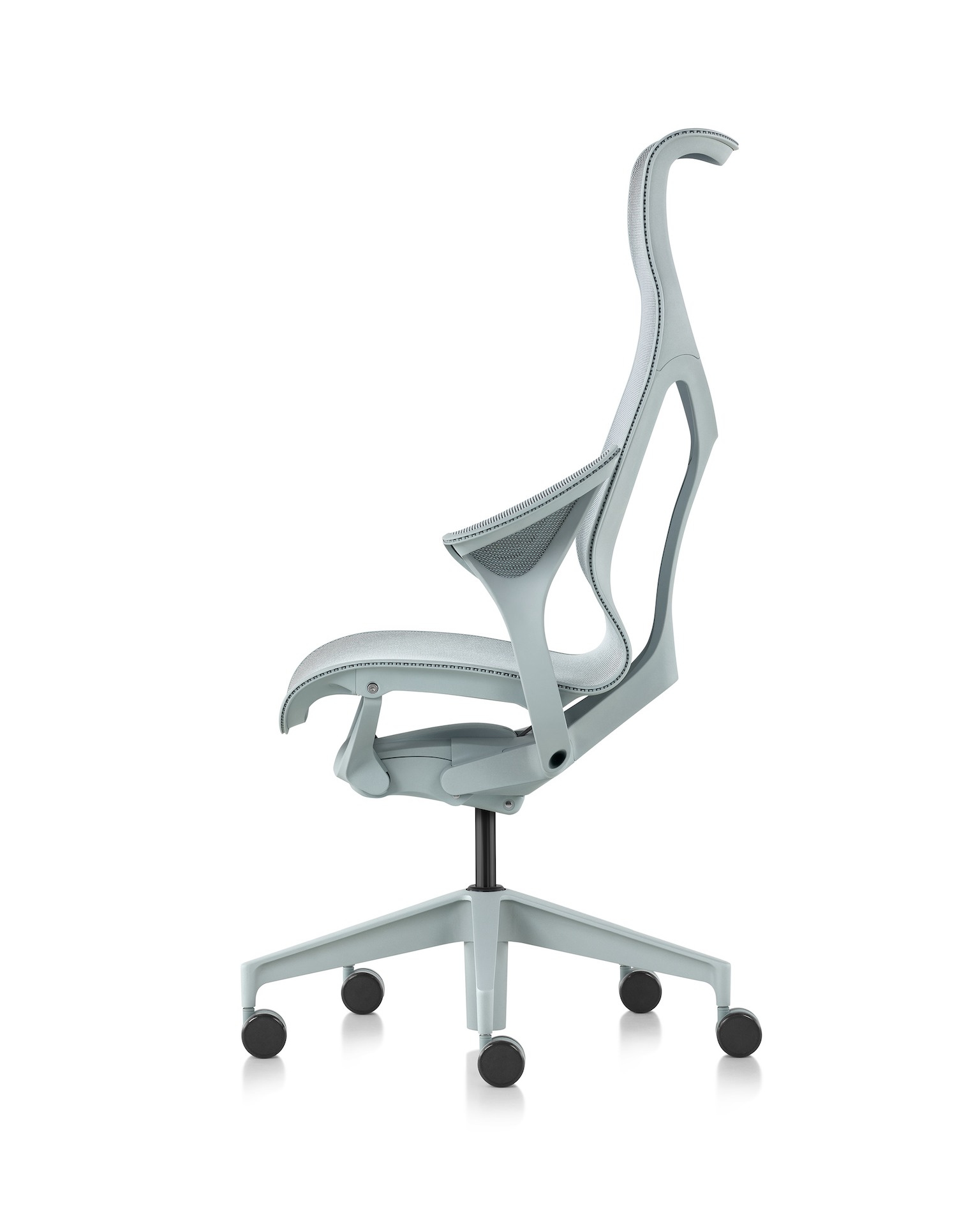 Cosm high back chair, side view, light blue