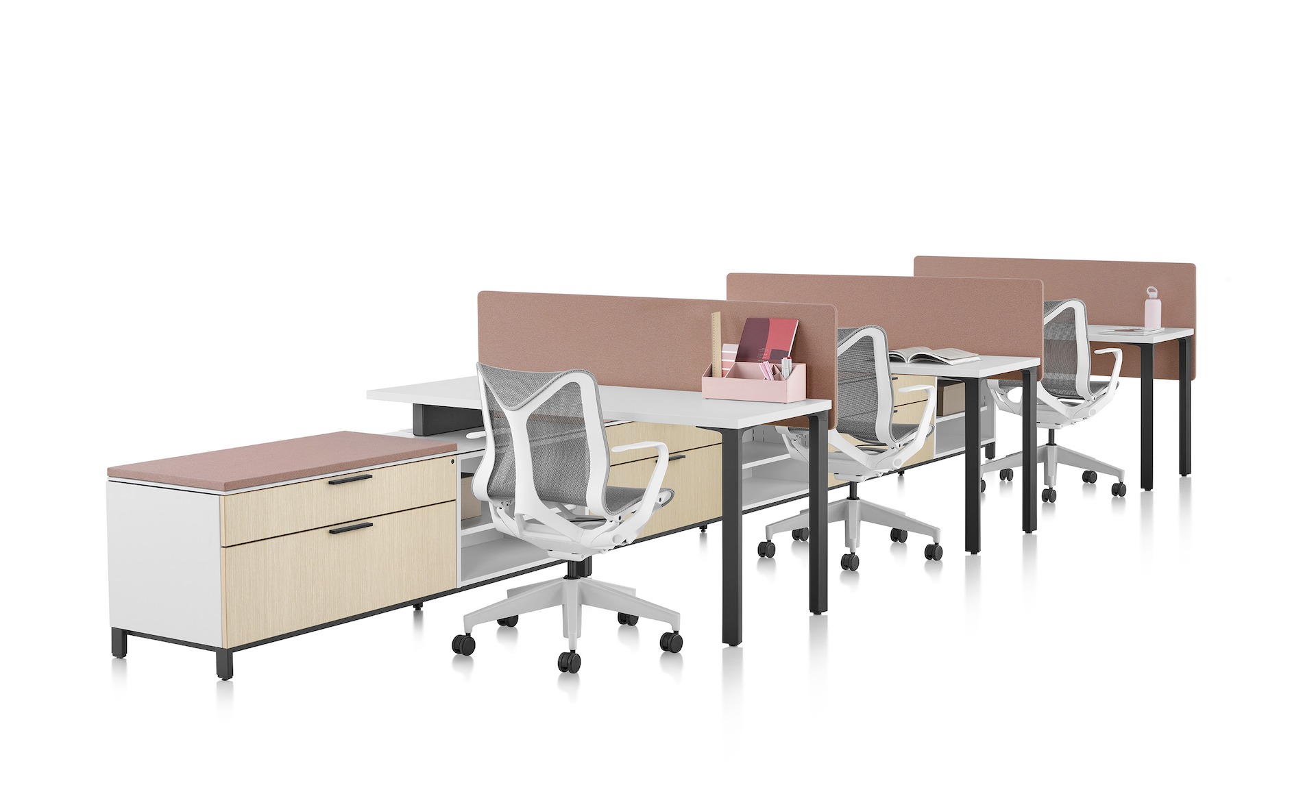 3-pack Canvas Storage workstation with white surfaces, pink screens, and grey Cosm chairs.