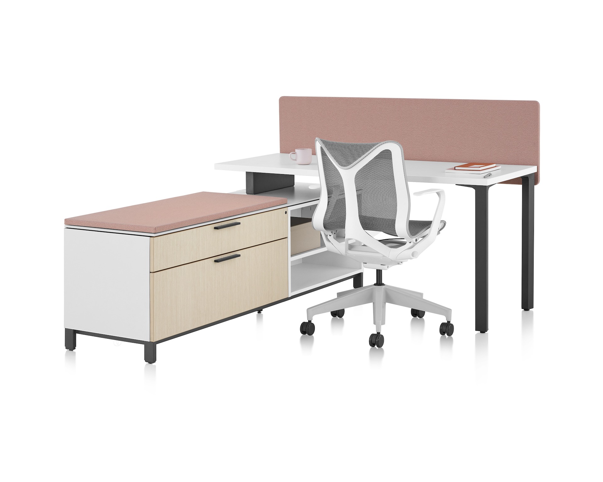 Canvas Storage workstation with a white surface, pink screen, and graphite legs.