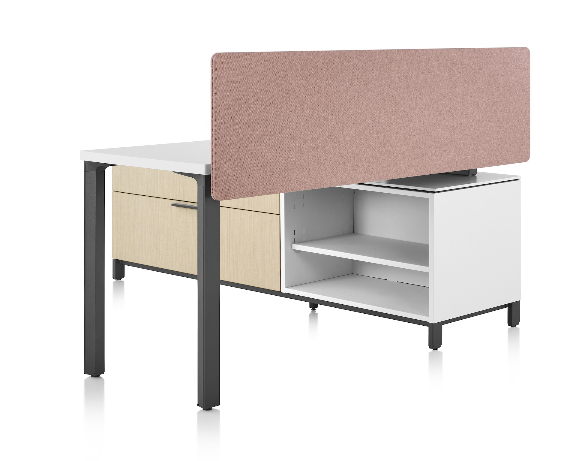 Canvas Storage workstation with a white surface, pink screen, and graphite legs.