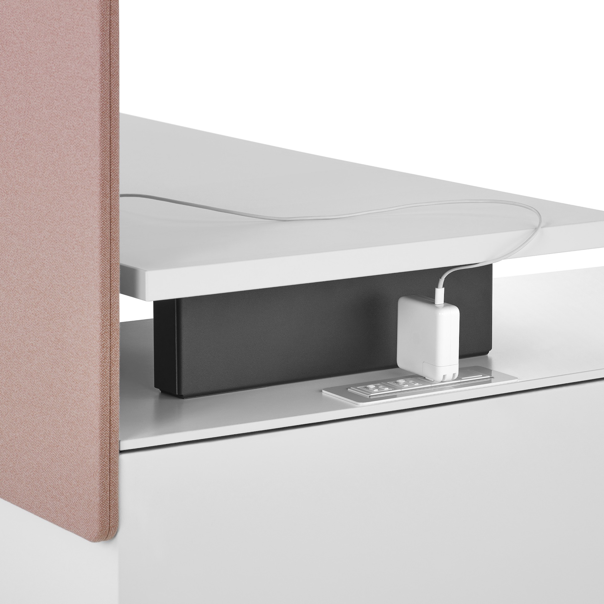 Canvas Storage workstation with a white surface, pink screen, and graphite legs.