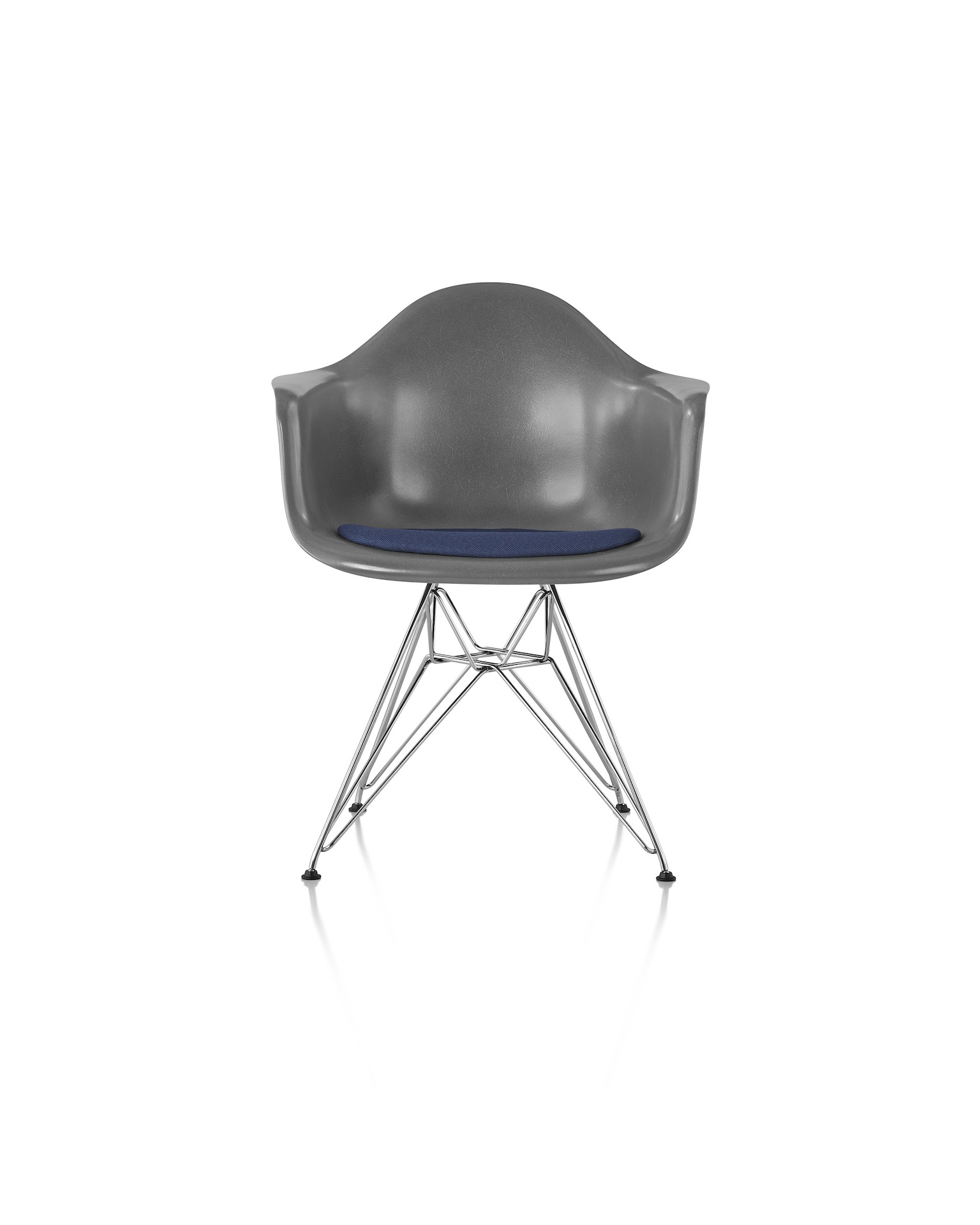 Eames Molded Armchair in Elephant Grey Fiberglass with Grey Blue Dark Hopsak Seap Pad