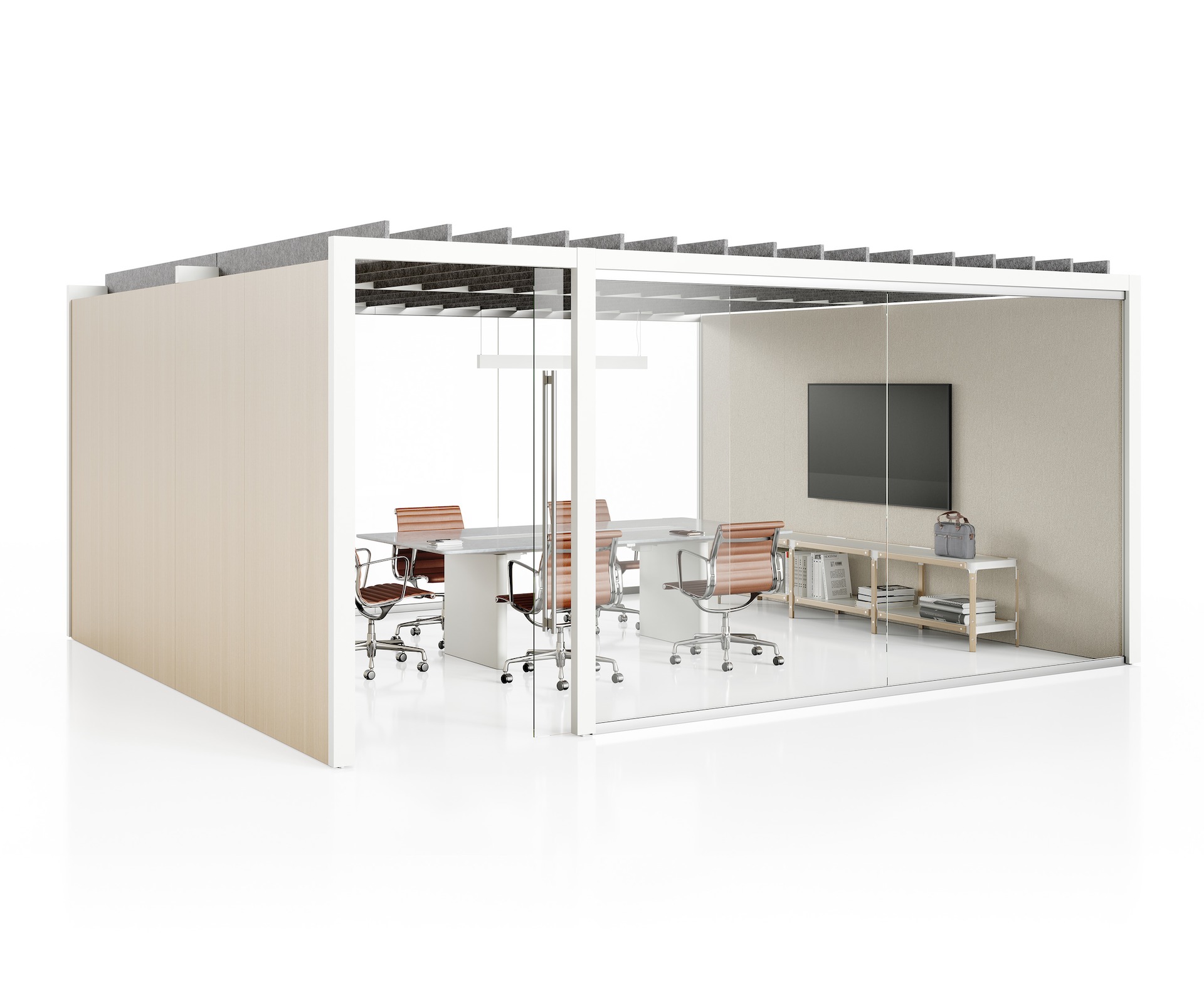 A meeting room with glass and laminate walls. Inside the meeting room is a conference table, chairs, and media display.