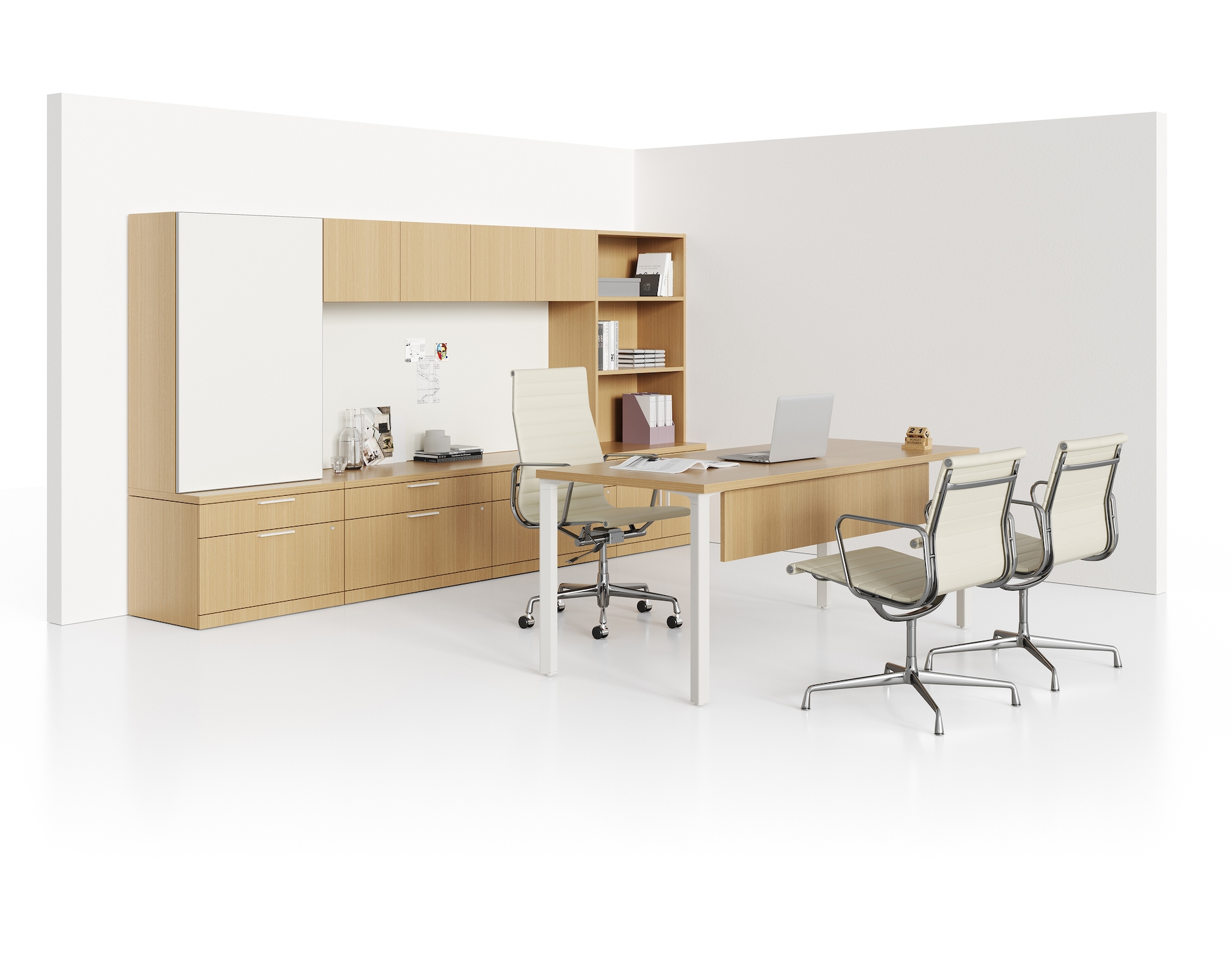 A Canvas Private Office environment with three tan leather Eames Aluminum Group Chairs.