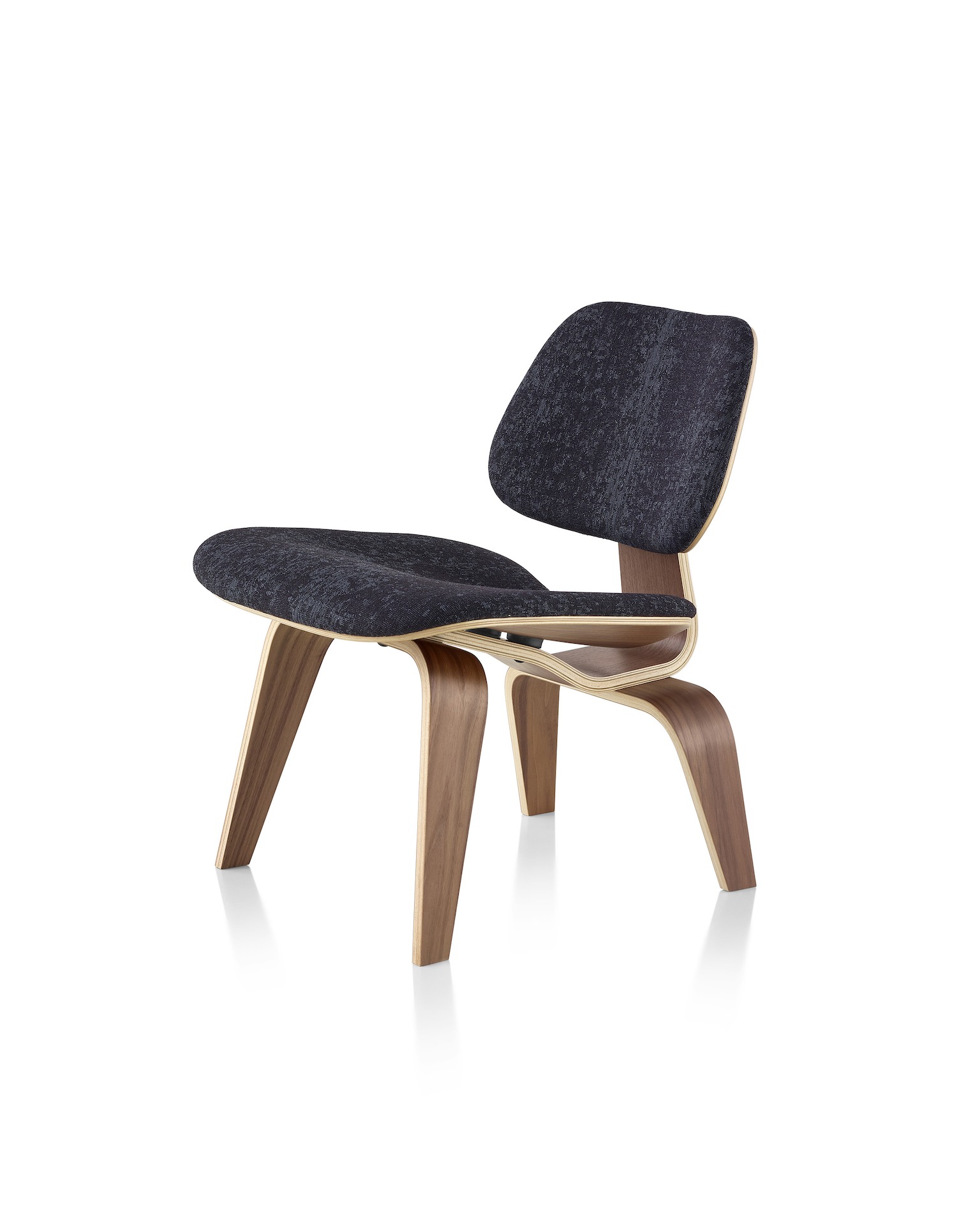 Eames Molded Plywood Dining Chair with a walnut base and black textile.