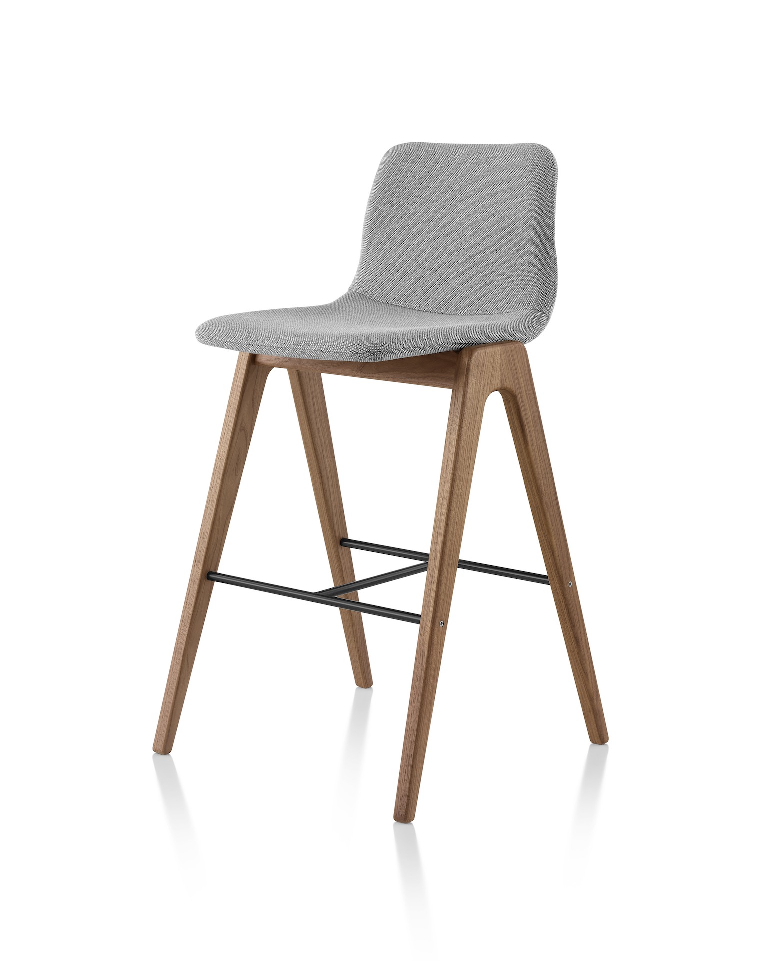 Bar-height Viv Wood Stool with a walnut base and grey textile.