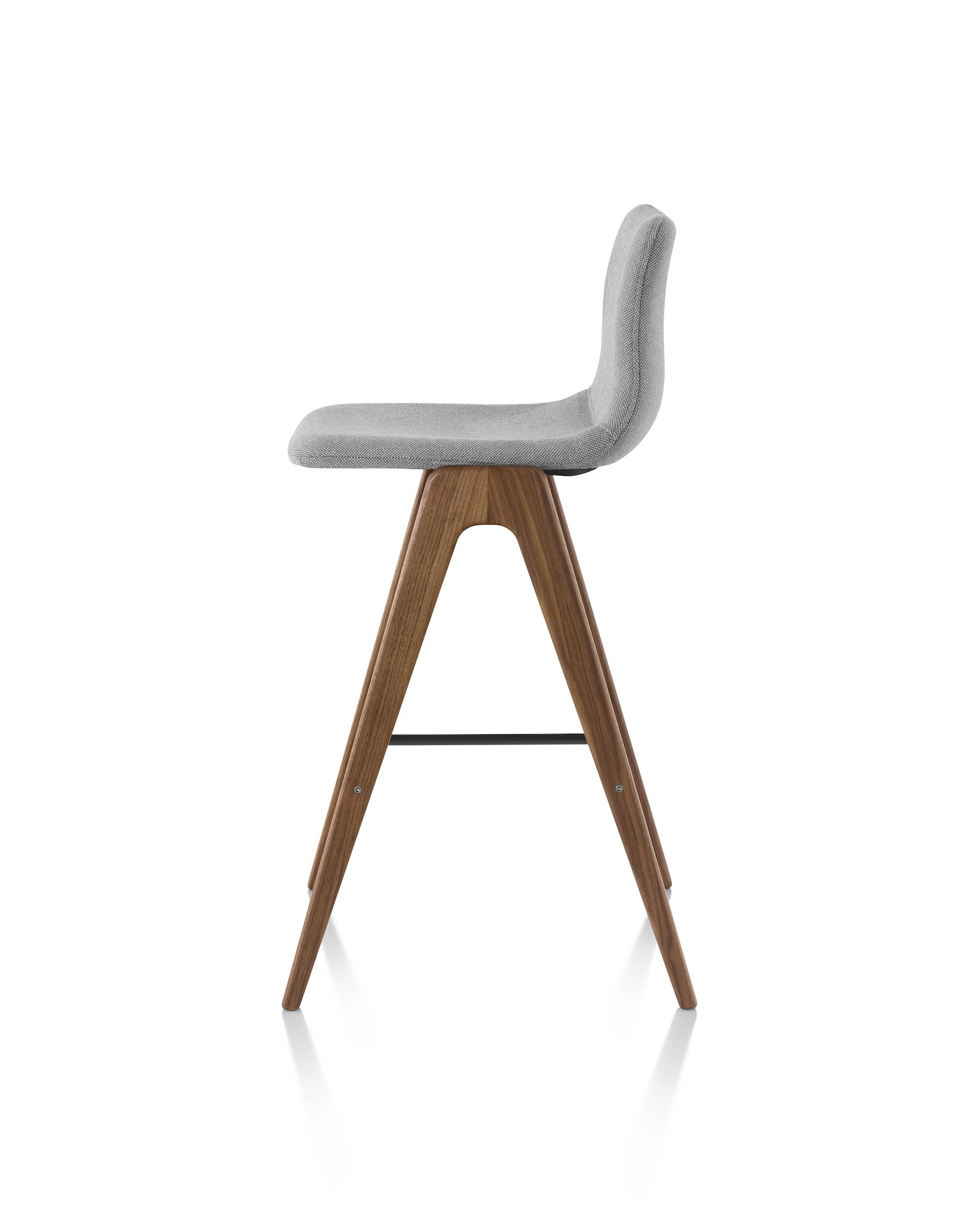 Bar-height Viv Wood Stool with a walnut base and grey textile.