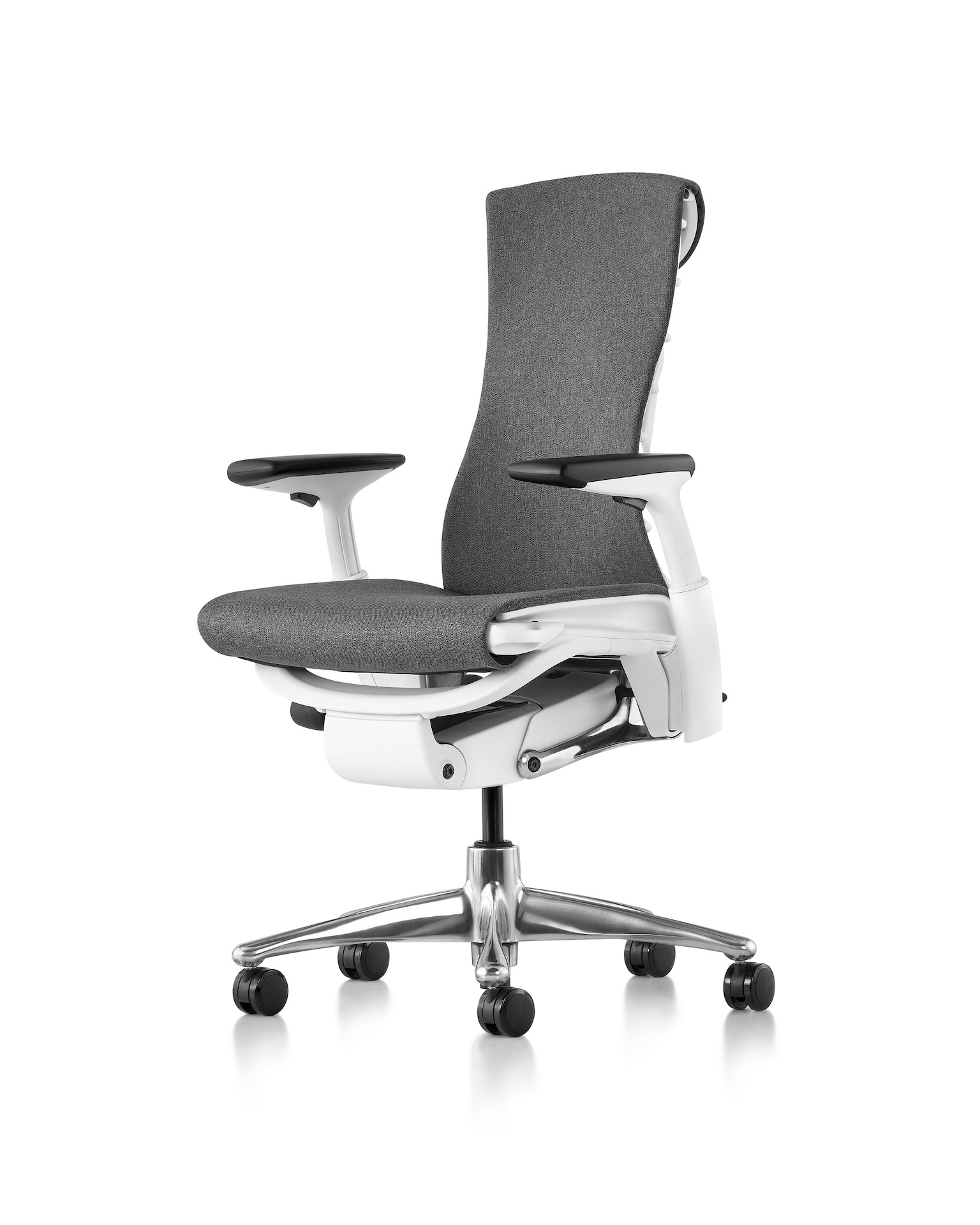 Three-quarter front view of an Embody Chair in grey.