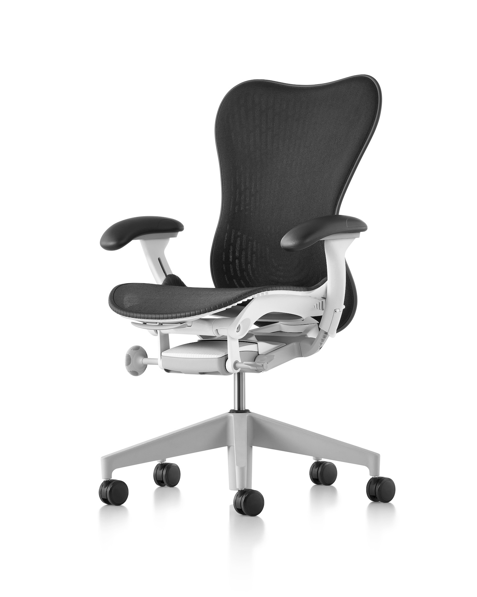 Three-quarter front view of a Mirra 2 Chair in dark grey with a white frame.