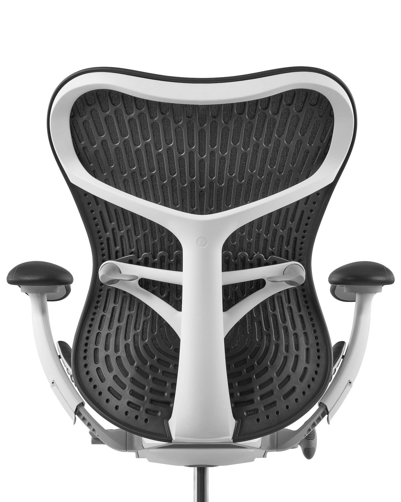Back view of a Mirra 2 Chair in dark grey with white frame.