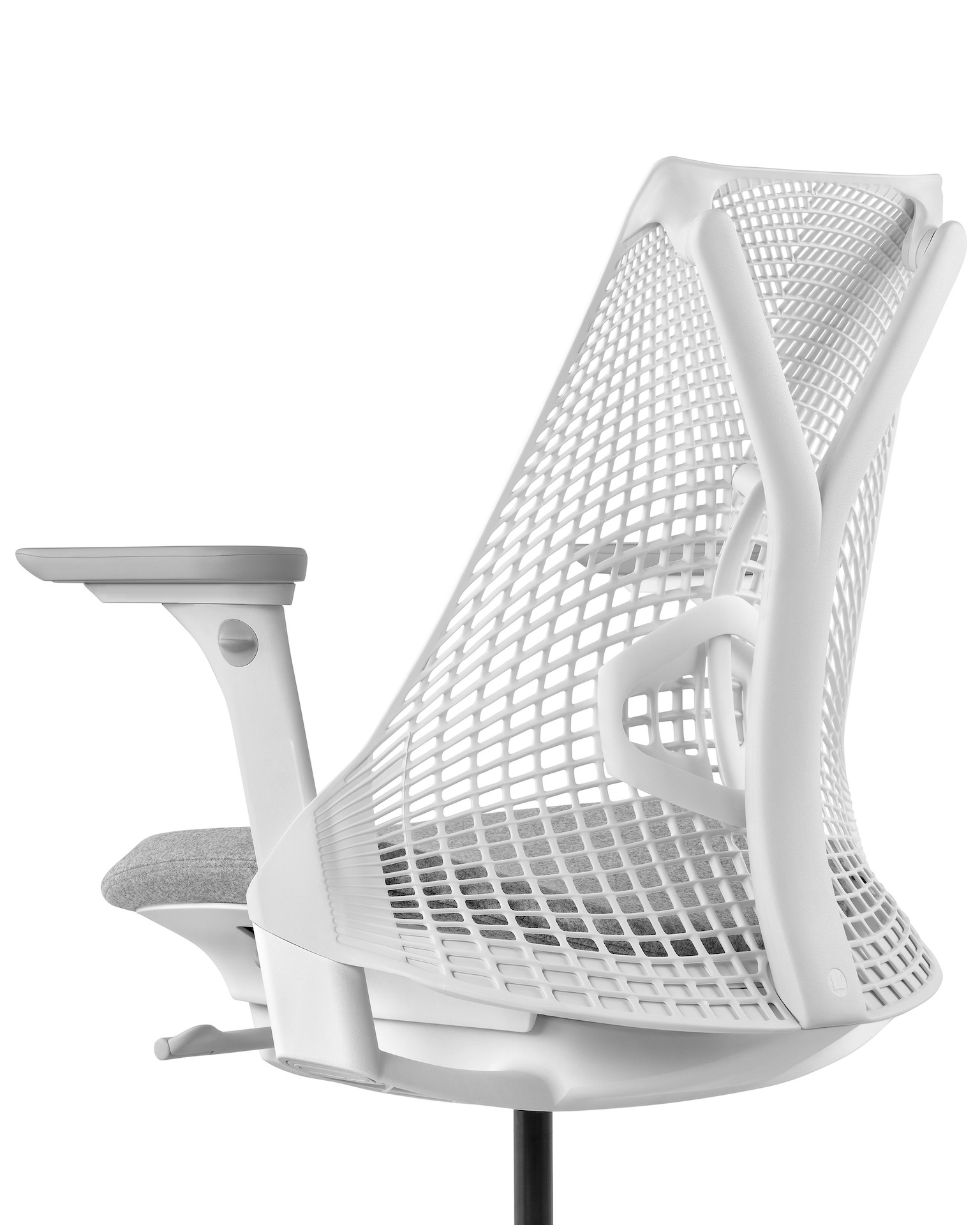 Close up, three-quarter back view of a Sayl Chair in white and grey.
