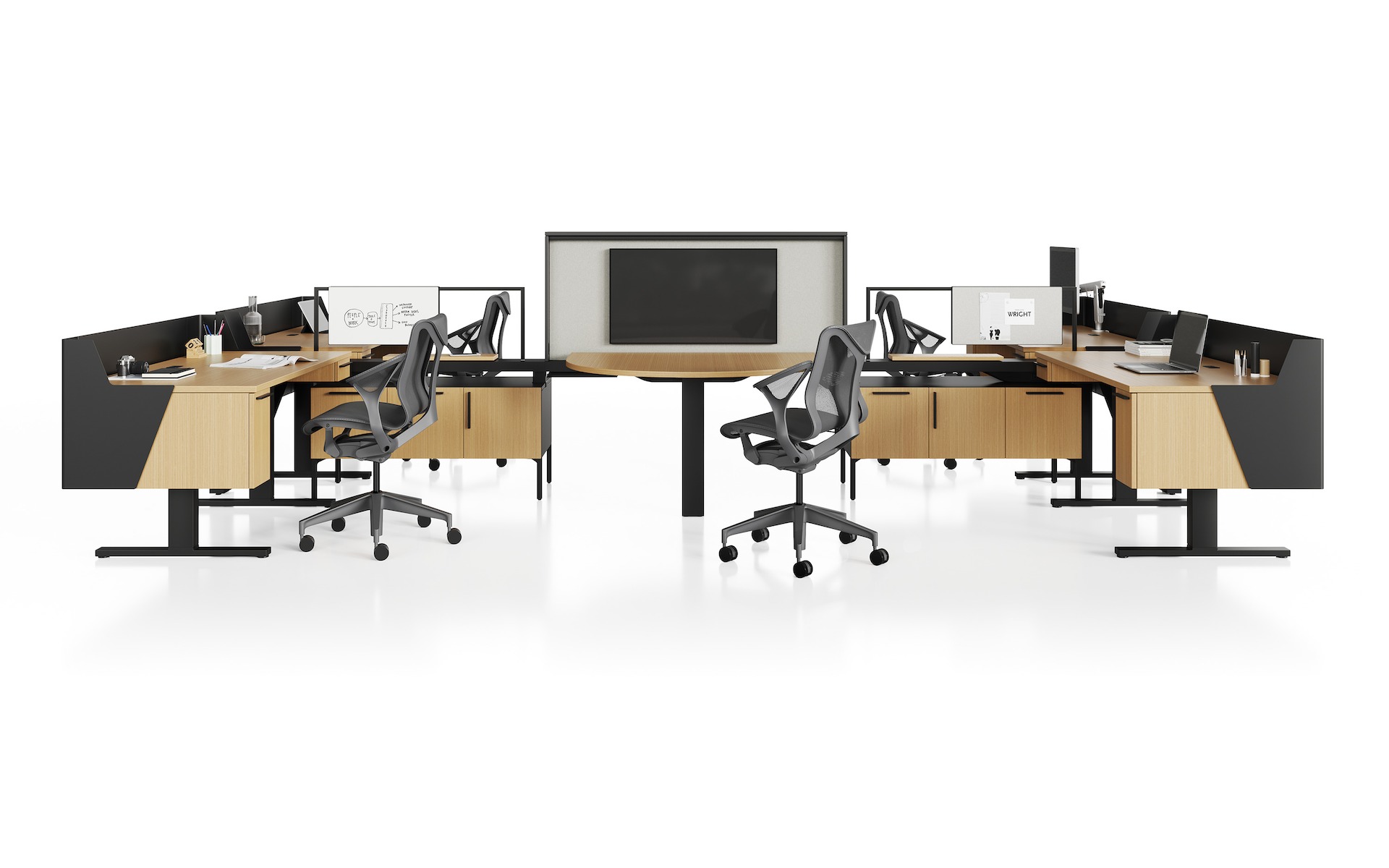 Black and oak on ash Canvas Vista with raised storage, height-adjustable desks, markerboard screens and dark gray Cosm chairs. 