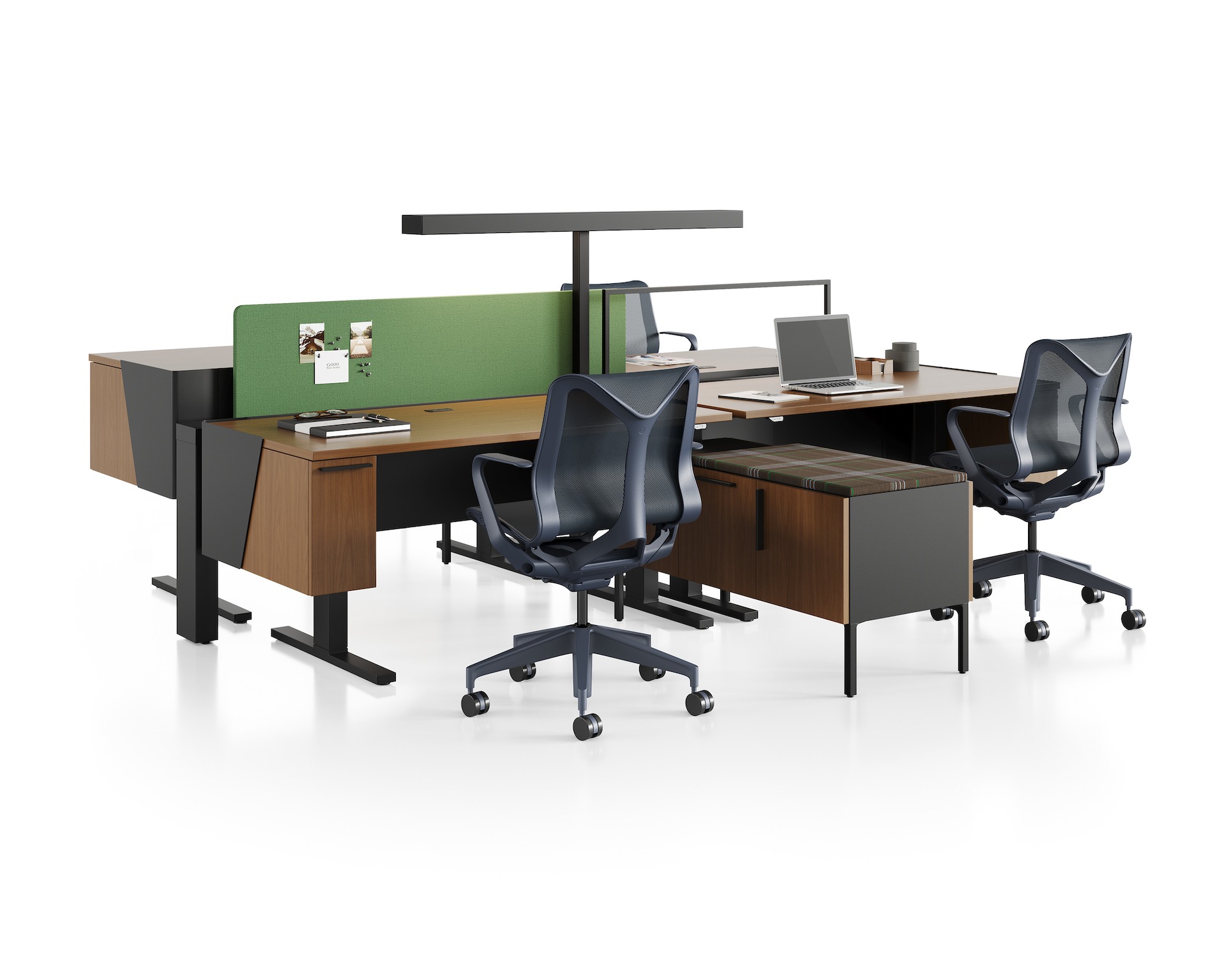 Black and walnut Canvas Vista with raised storage, height-adjustable desks, green screen and dark-blue Cosm chairs. 