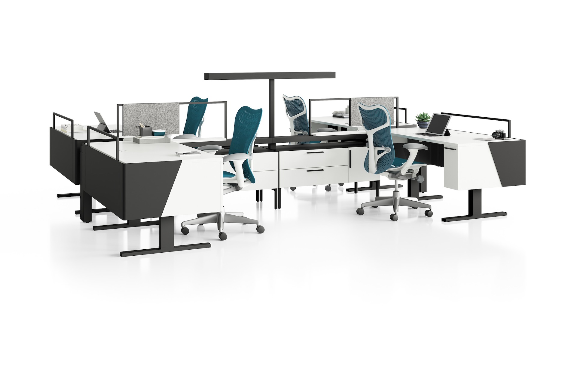 Black and white Canvas Vista with raised storage, height-adjustable desks, gray screens and aqua blue Mirra 2 chairs.