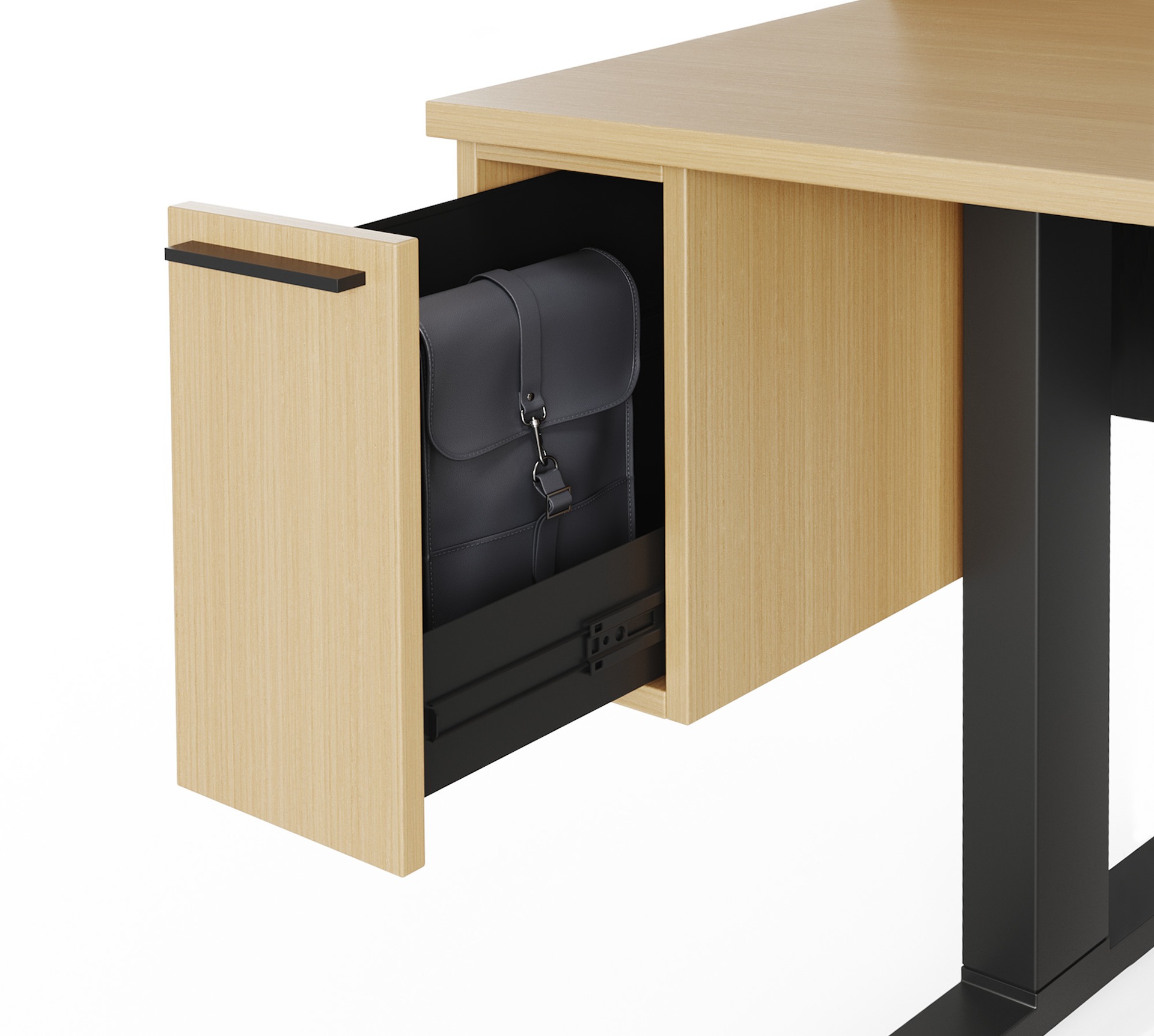 Black and oak on ash Canvas Vista desk with open suspended storage revealing a black bag. 