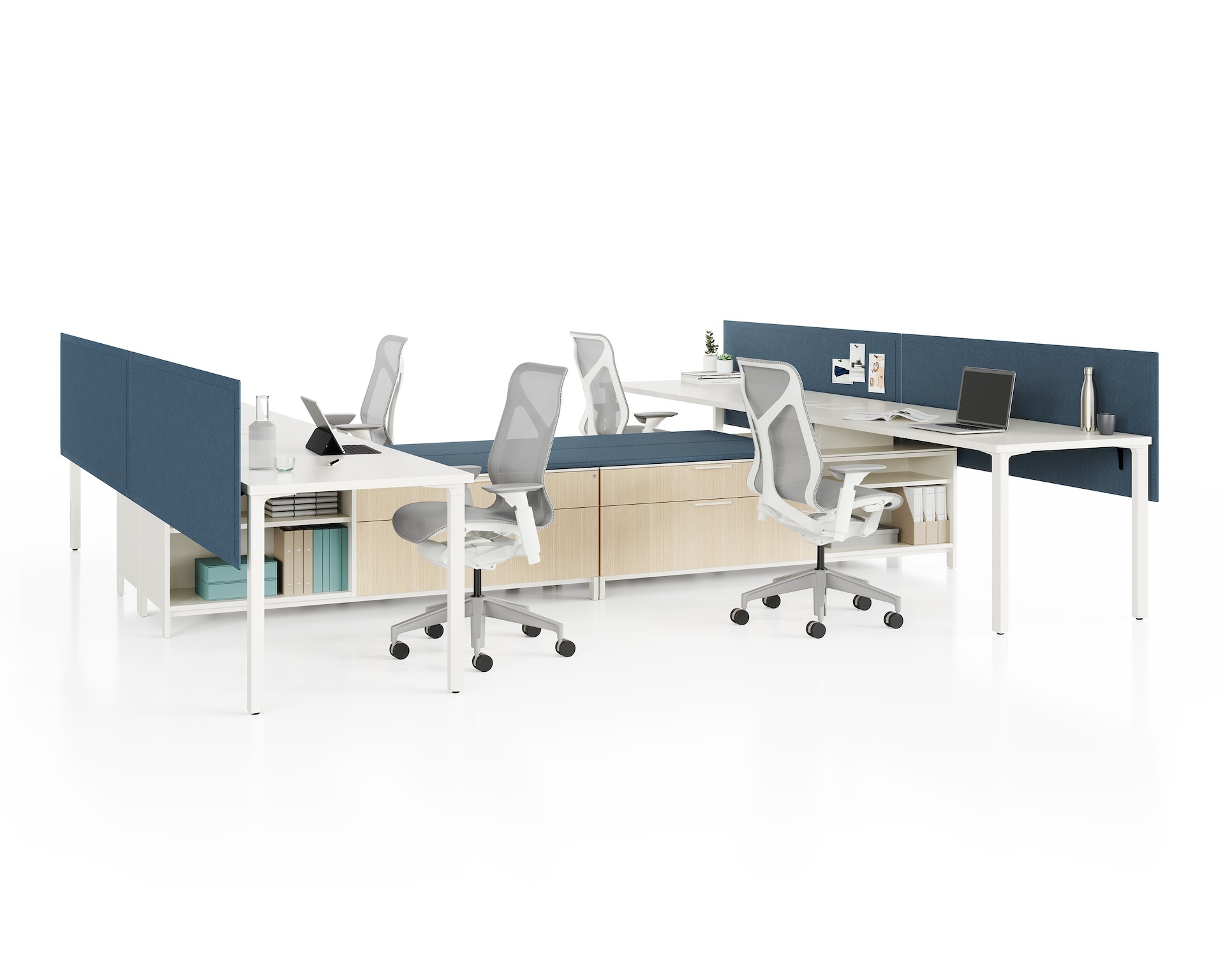 Group of four Canvas Storage workstations with white surfaces, blue screens, and grey Cosm Chairs.