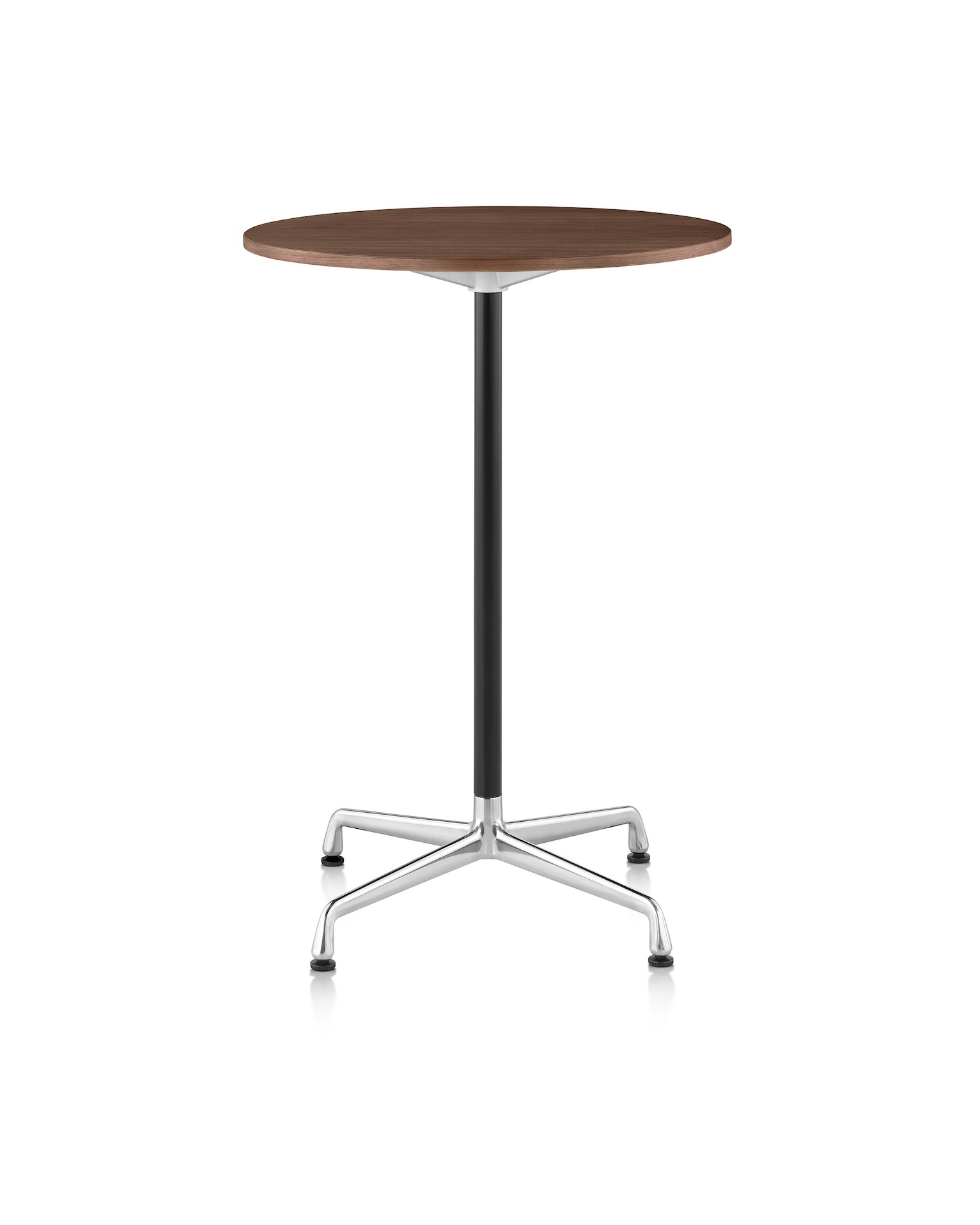 An Eames Standing Height Table featuring a Walnut Top and Polished Aluminum Base.