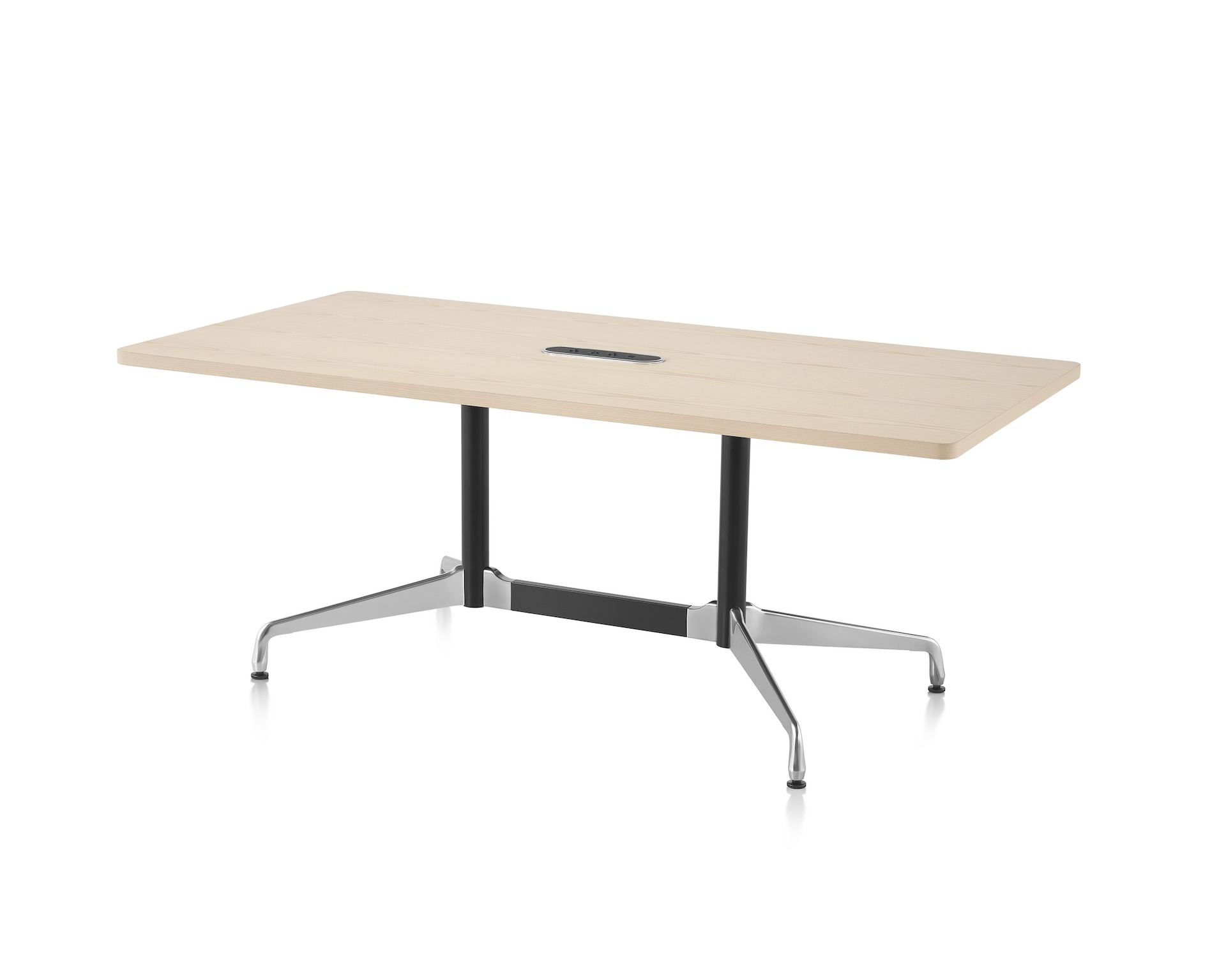 A rectangular Eames Conference Table featuring a White Ash top.