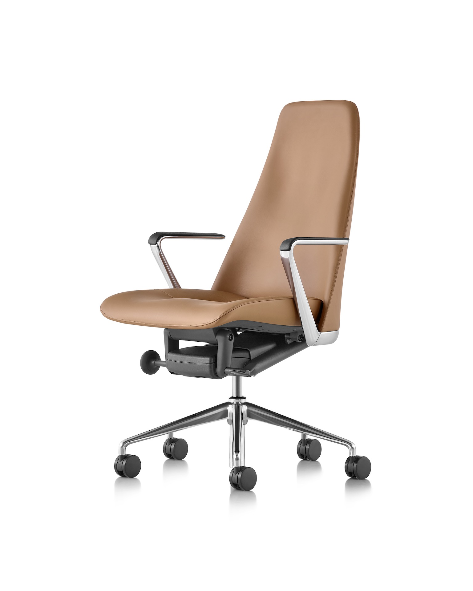 A Taper Chair featuring a camel colored leather and a polished aluminum base.