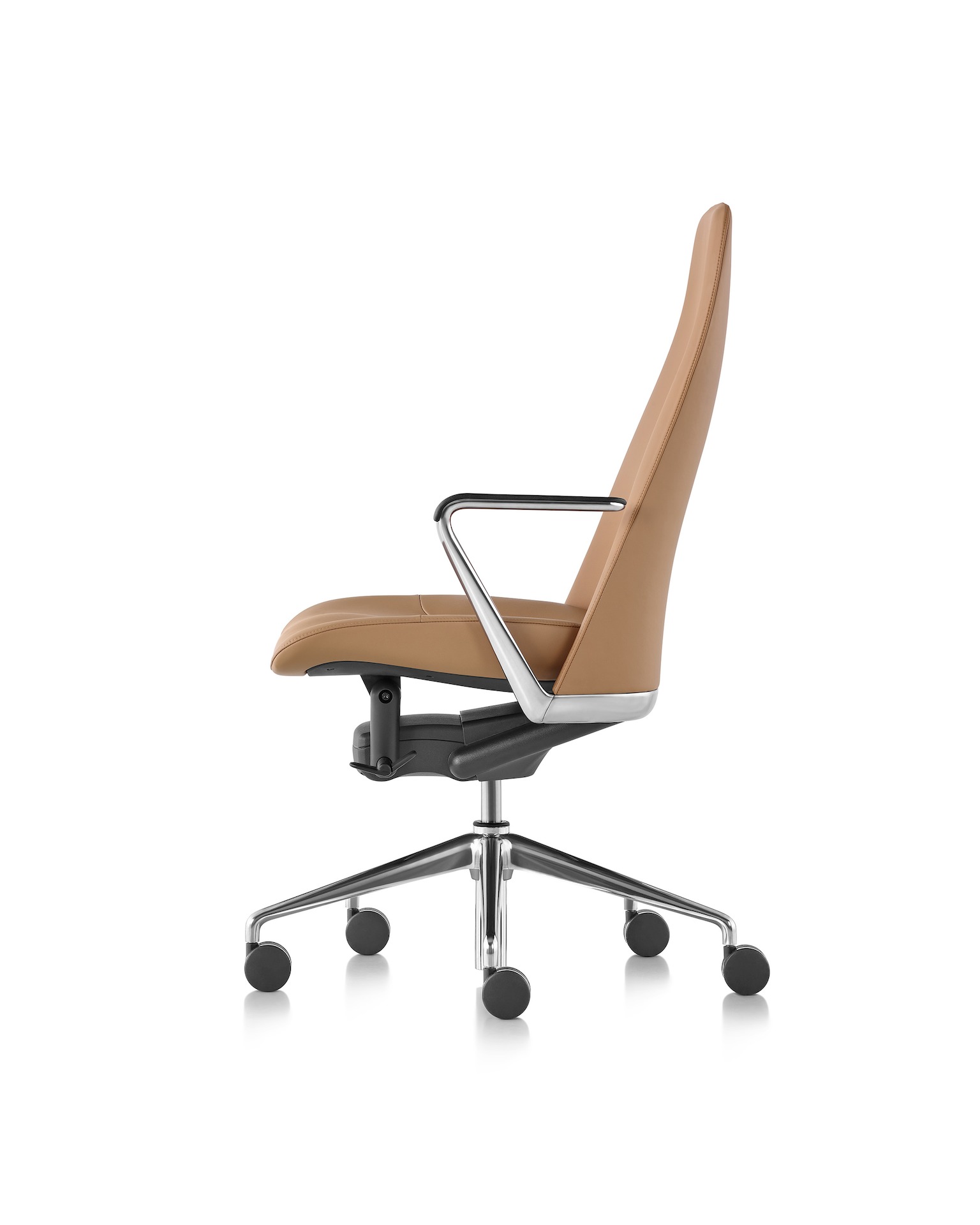 A Taper Chair featuring a camel colored leather and a polished aluminum base.