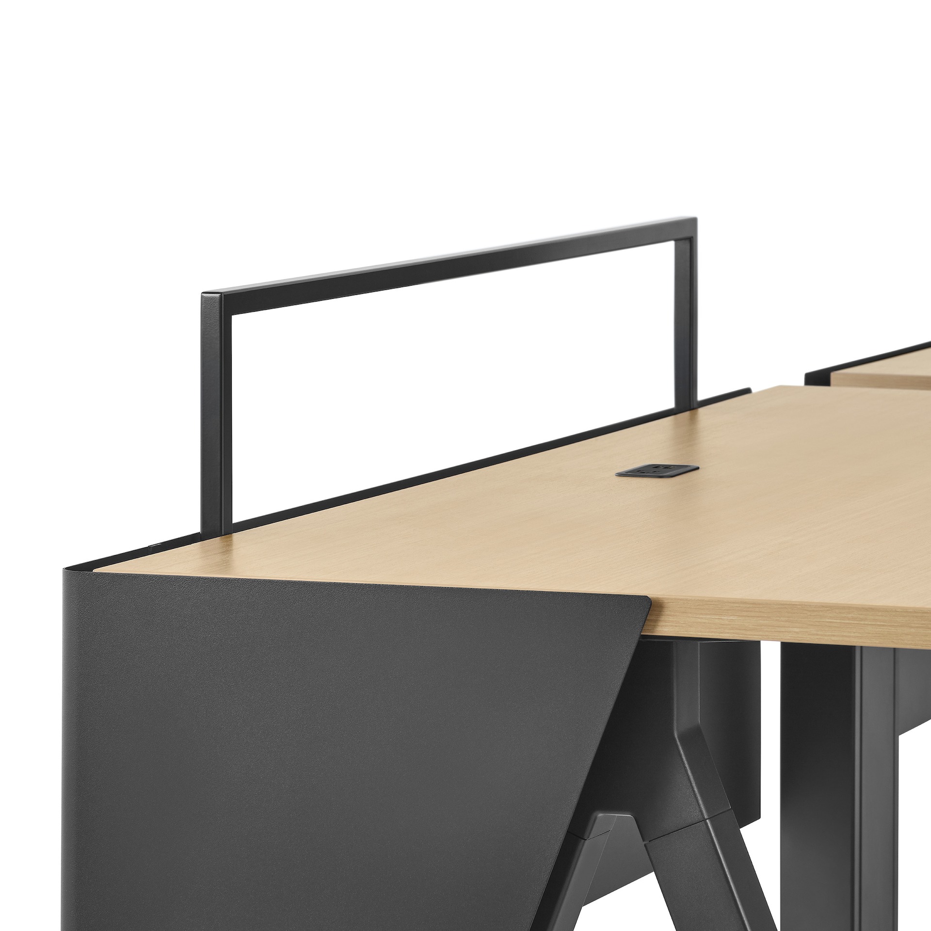 Close-up image of brown Canvas Vista fixed-height table with black a-shaped leg, wrapped modesty and open-frame screen. 