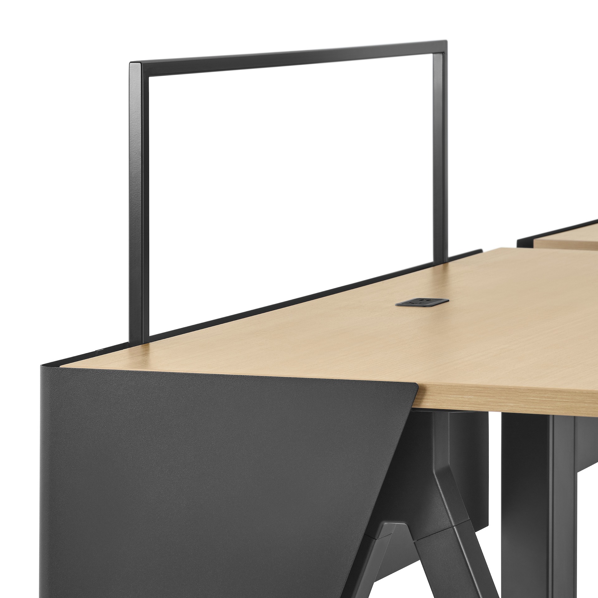 Close-up image of brown Canvas Vista fixed-height table with black a-shaped leg, wrapped modesty and open-frame screen. 