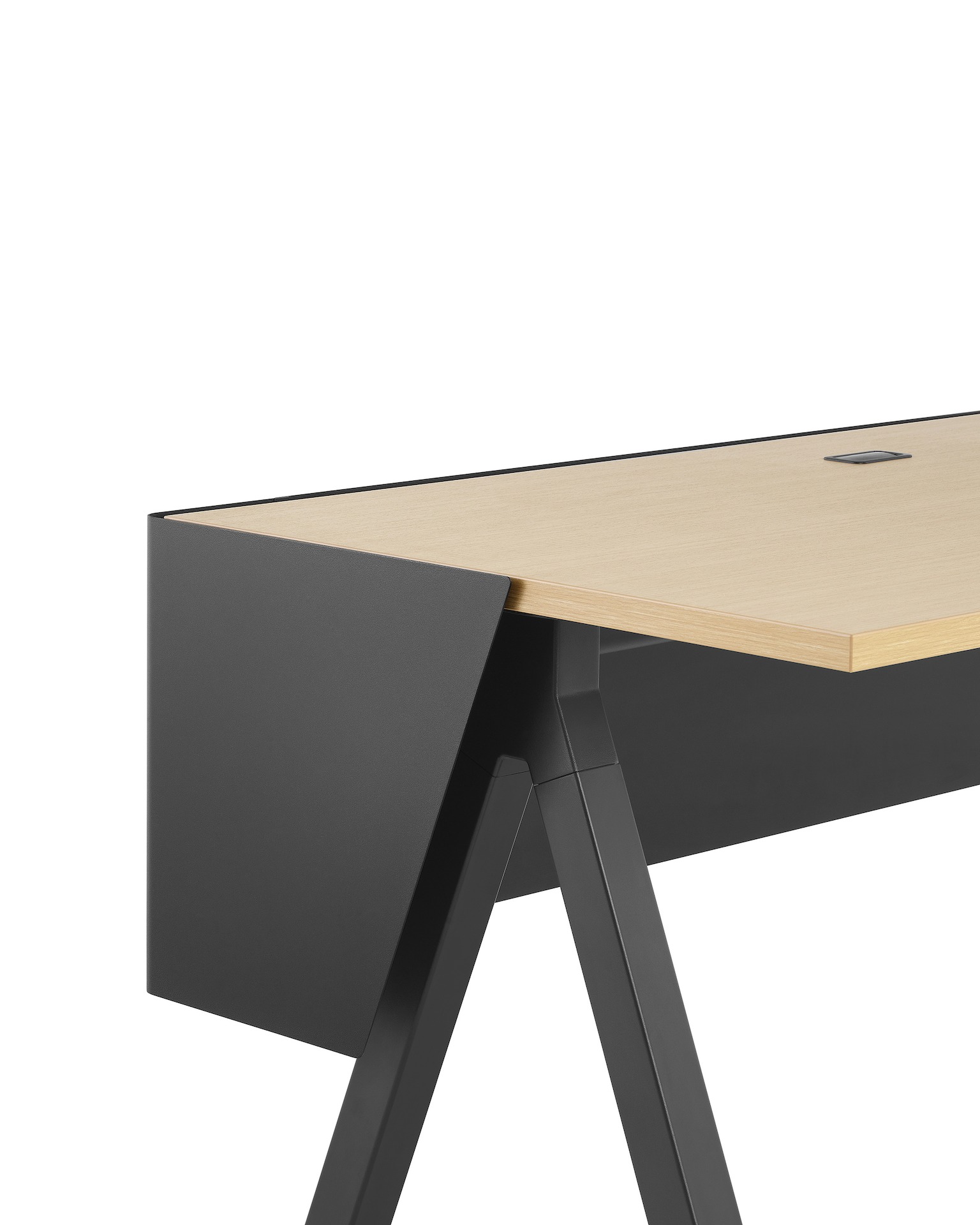 Brown Canvas Vista fixed-height table with black a-shaped leg and black modesty screen.