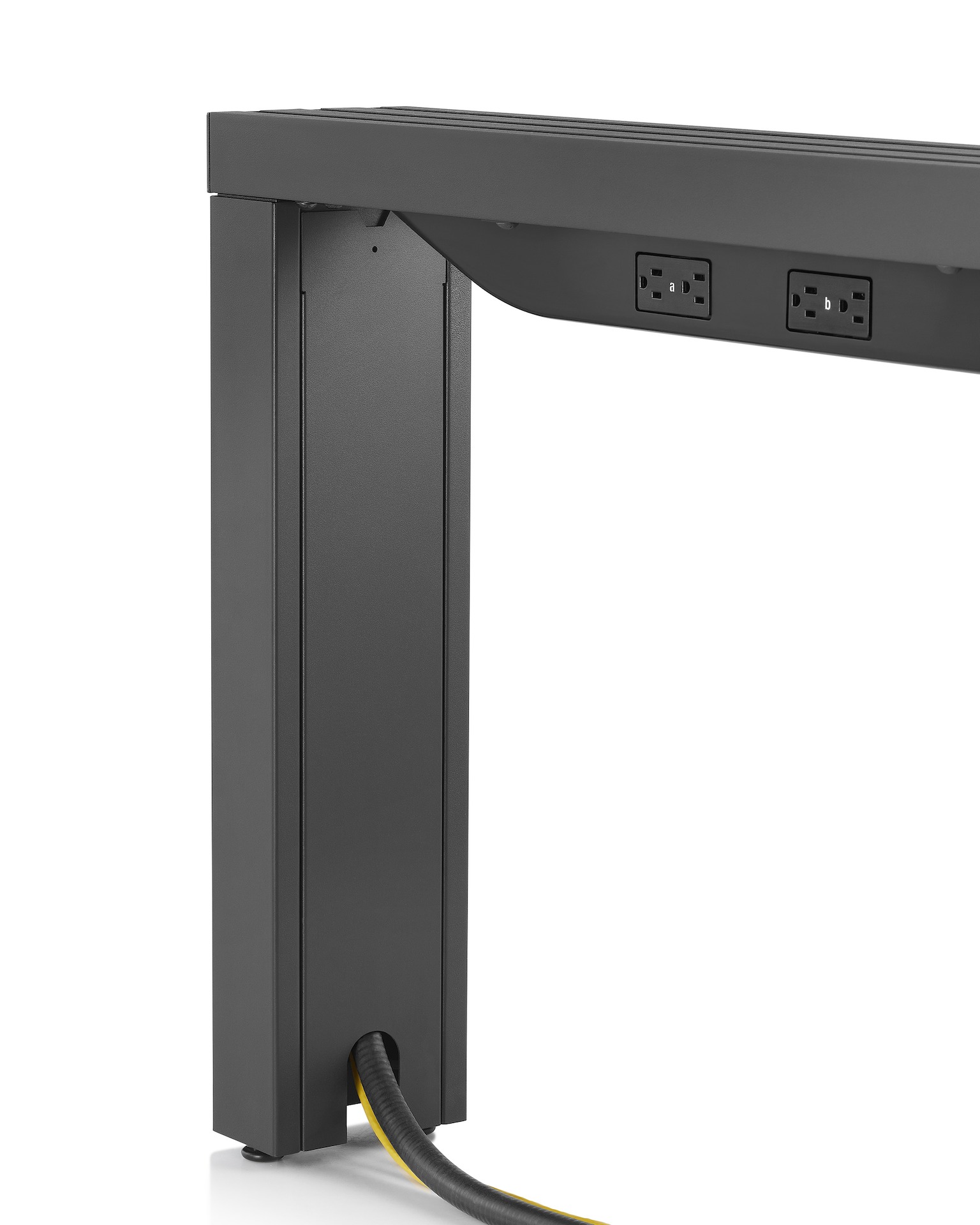 Black Canvas Vista chase with power and data cables entering the post leg leading up to two power receptacles. 