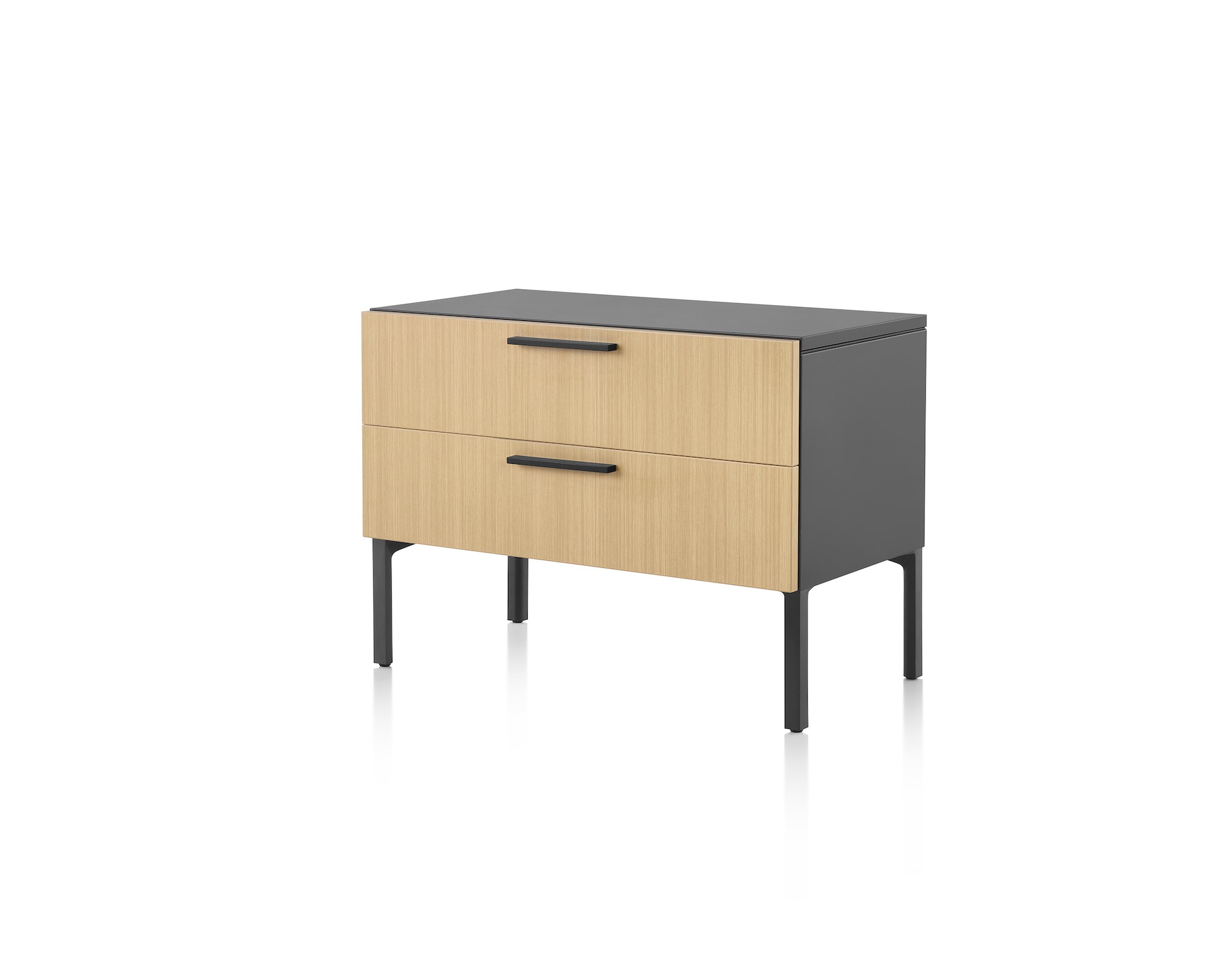 Brown and black Tu Wood individual credenza with two box drawers, viewed at an angle. 