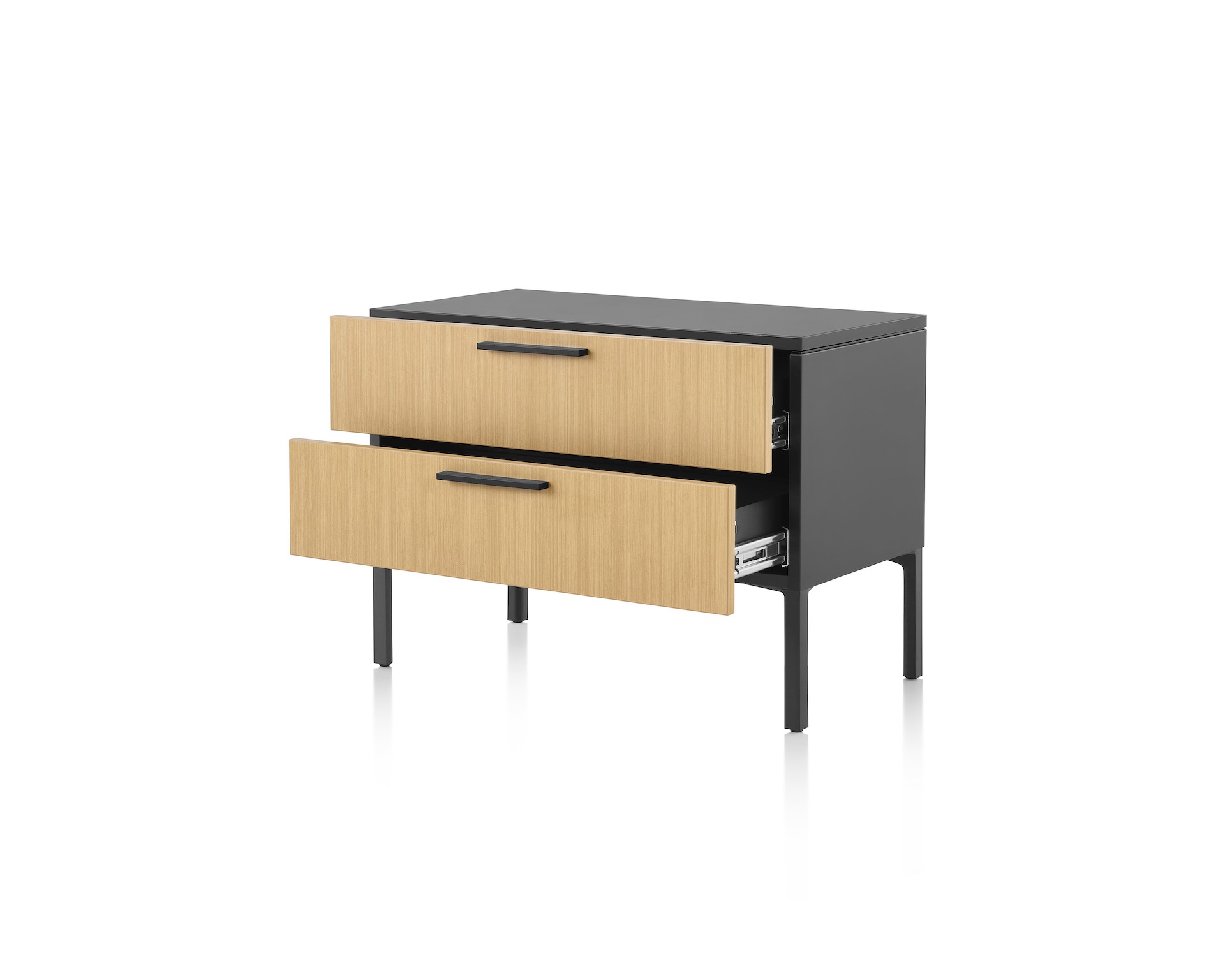 Brown and black Tu Wood individual credenza with two open box drawers, viewed at an angle. 