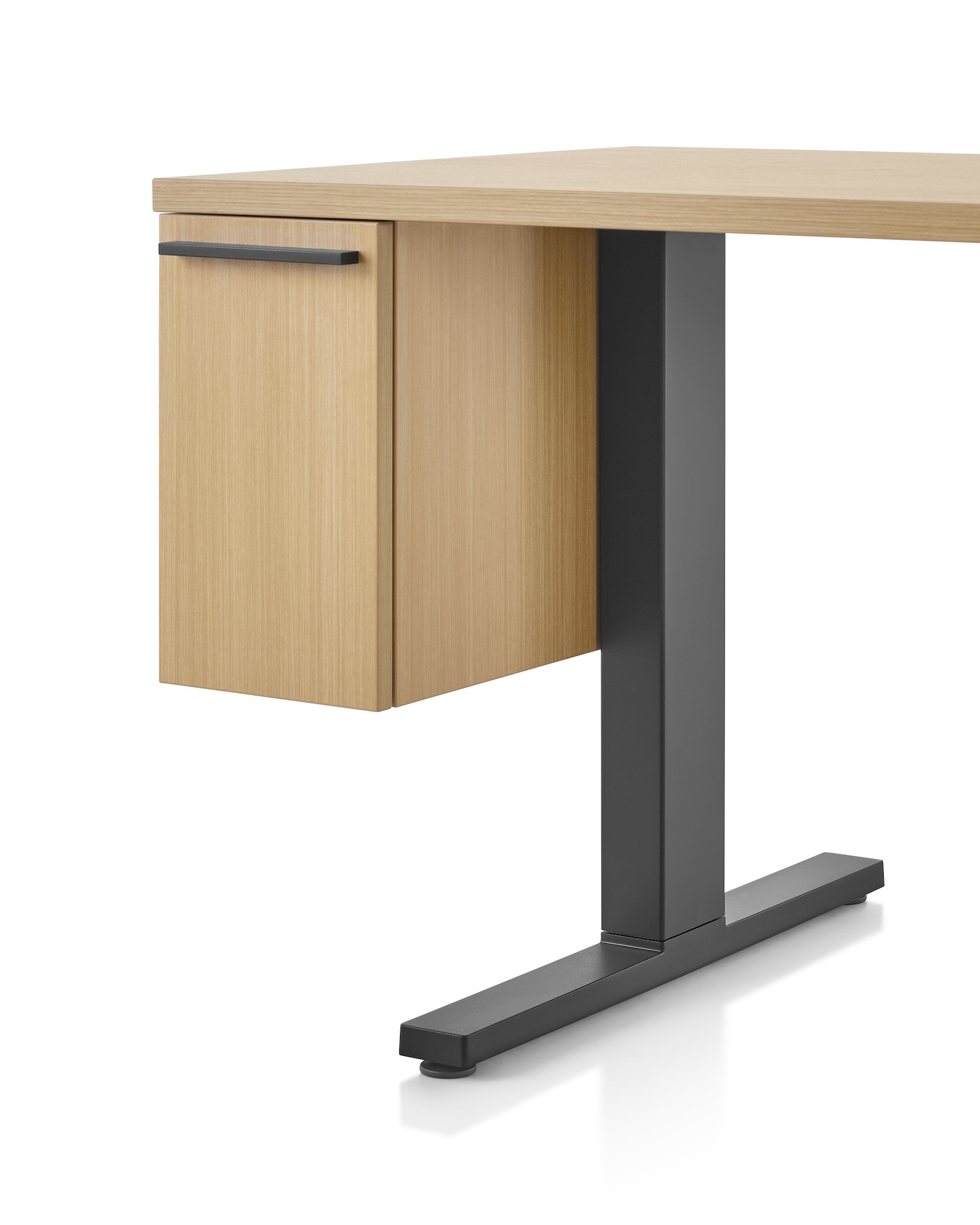 Brown Canvas Vista rectangular work surface with suspended cubby drawer and black t-shaped leg. 