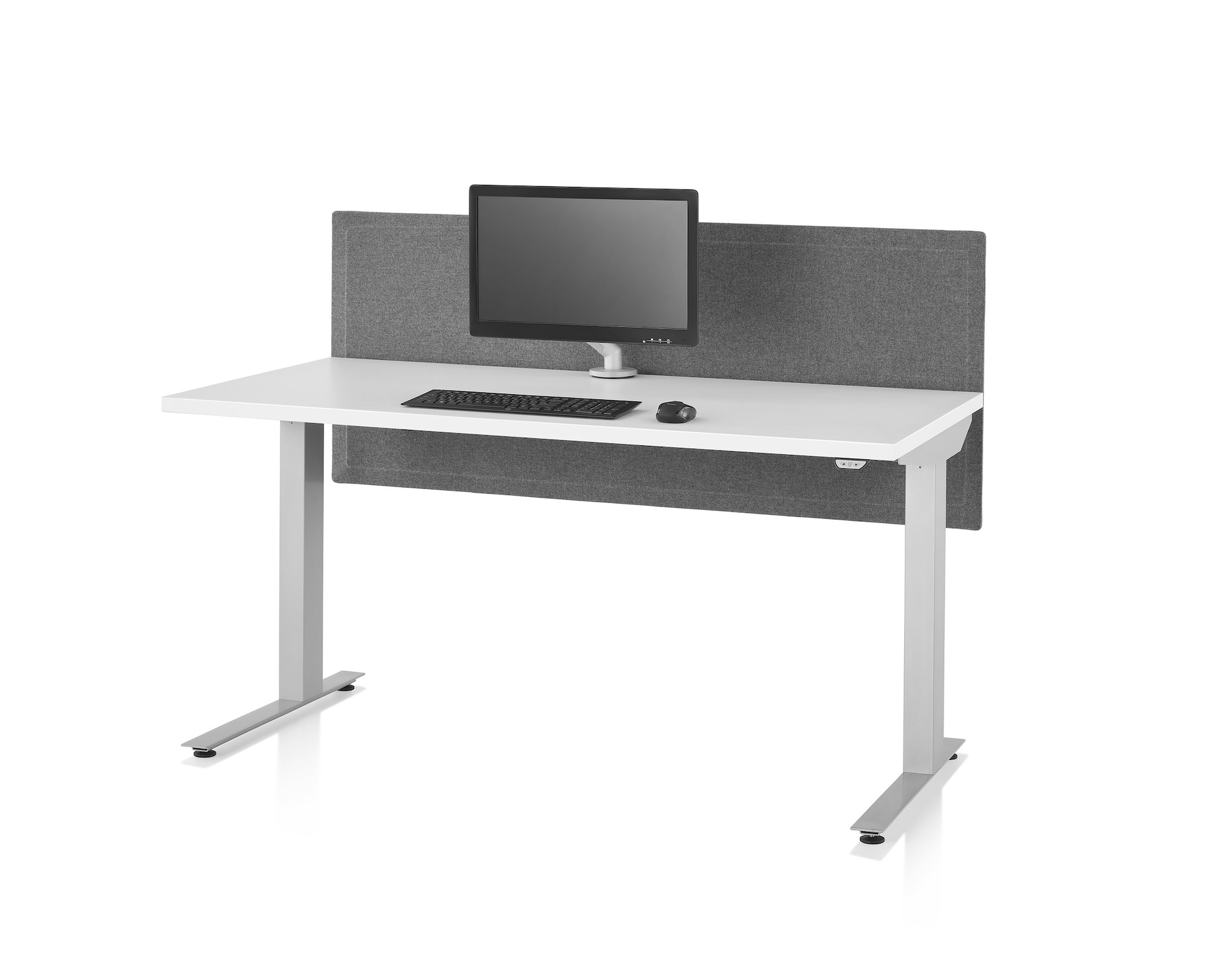 Nevi Sit-to-Stand Table with a white top, silver legs, dark gray fabric surface-attached screen and a Flo monitor arm.