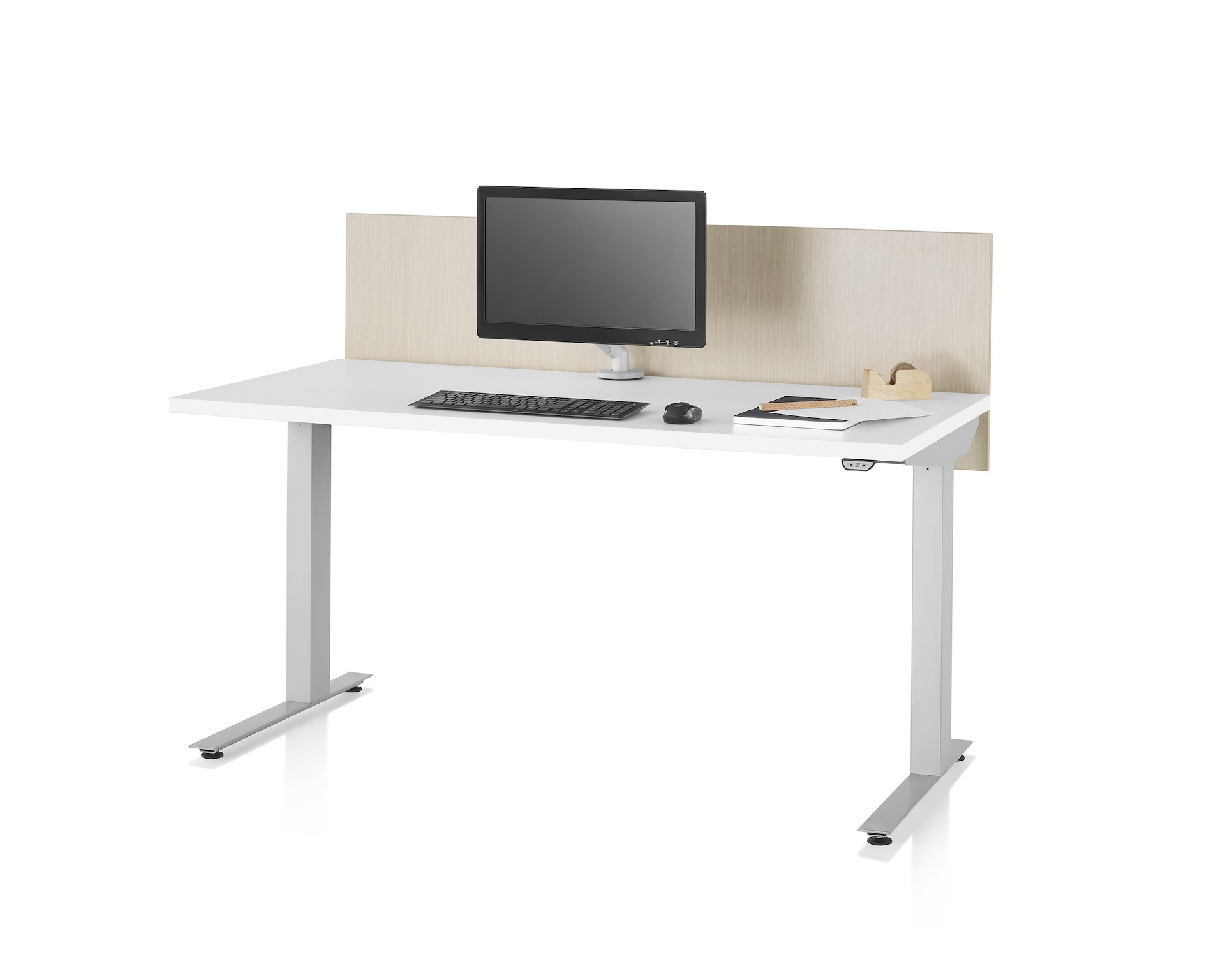 Nevi Sit-to-Stand Table with a white top, silver legs, Clear on Ash Woodgrain Laminate surface-attached screen, and a Flo Monitor Arm.