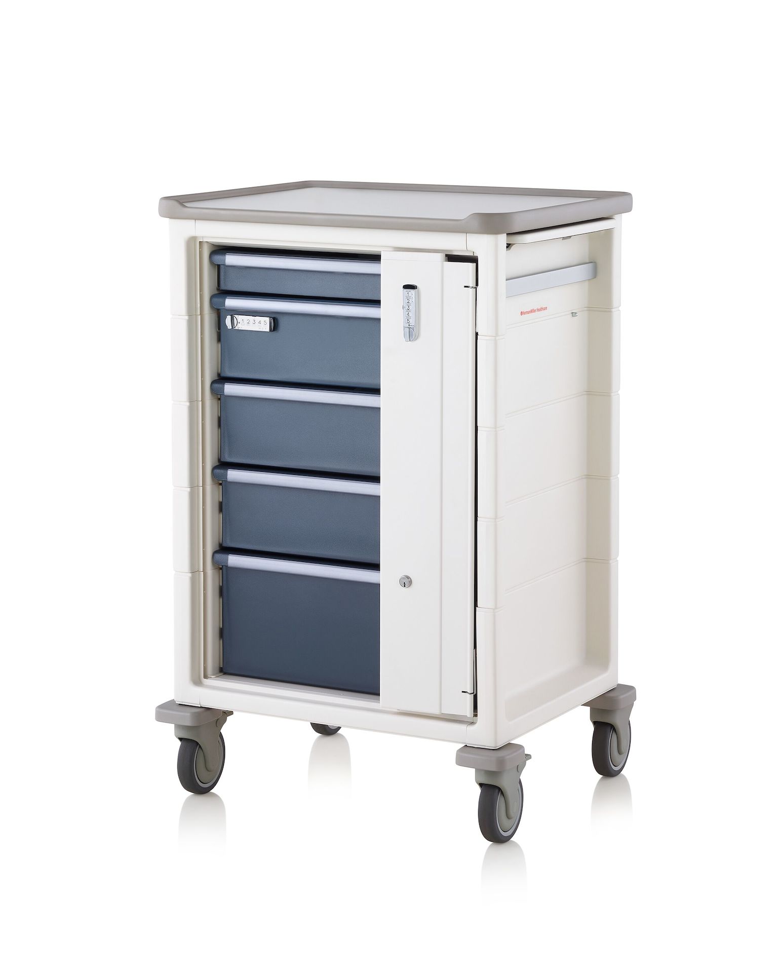 A single healthcare cart with keyless lock on both the cart and a single drawer.
